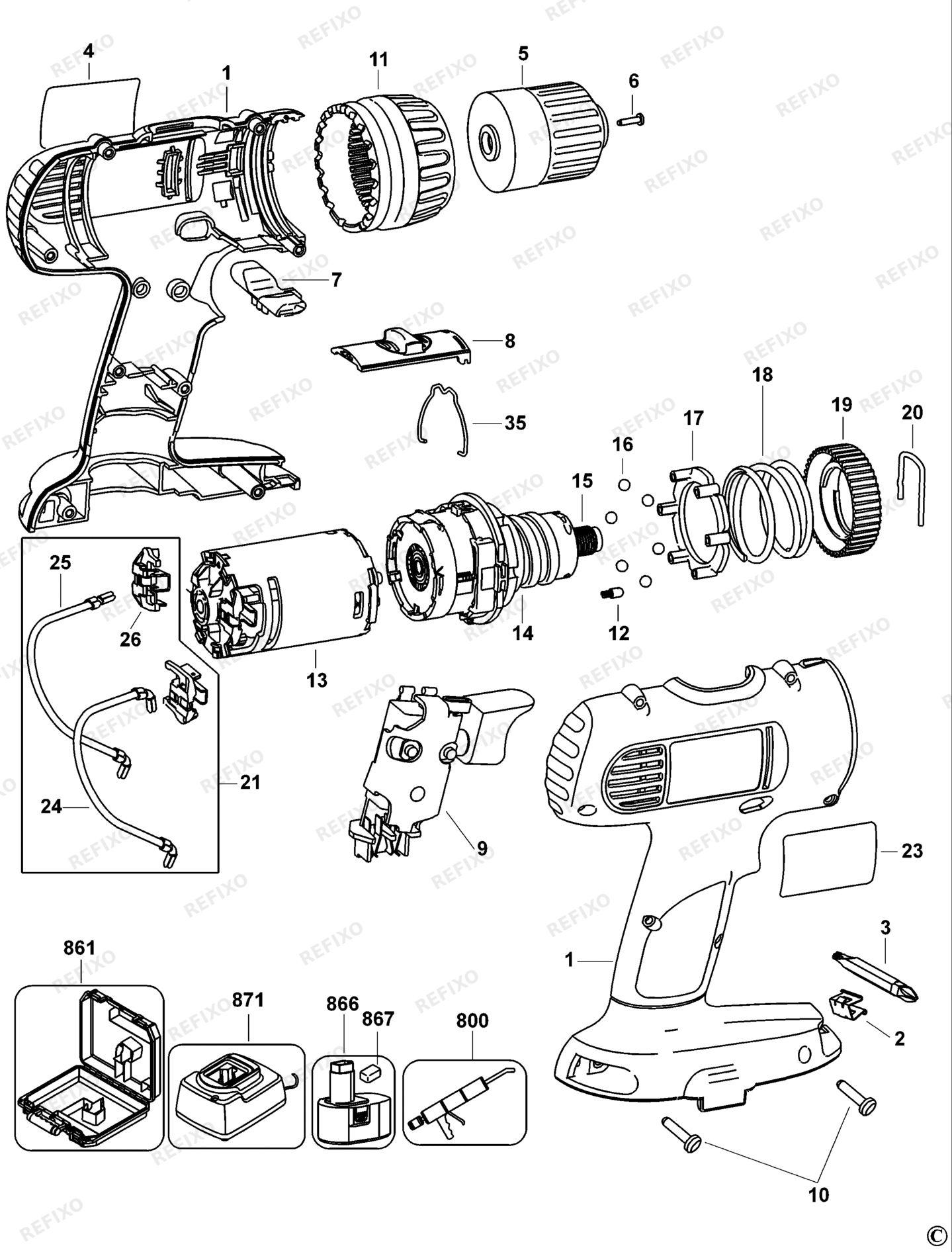 Деталировка DeWalt DW928K2-XJ TYPE 1 аккумуляторный - дрель DW928K2-XJ DW928K2 — схема запчастей в разборе