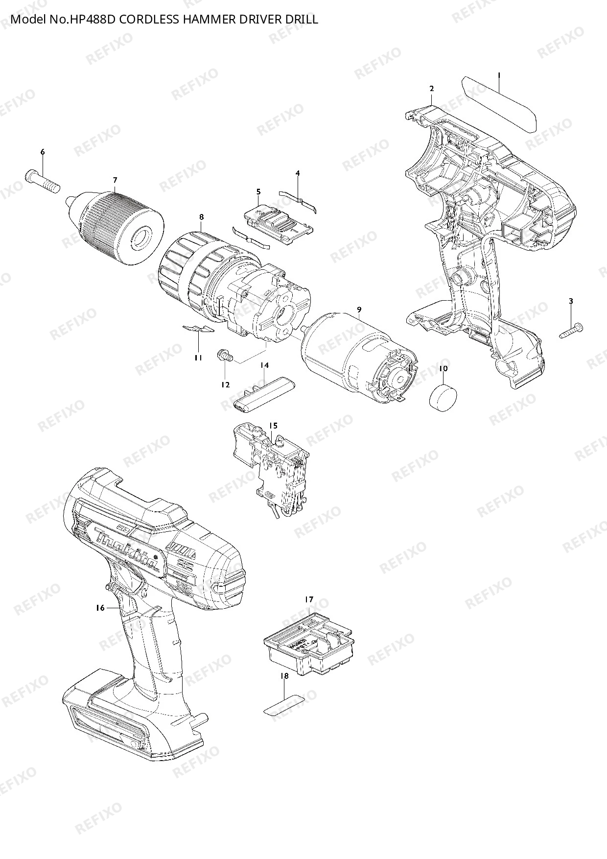 Деталировка MAKITA HP488D — схема запчастей в разборе