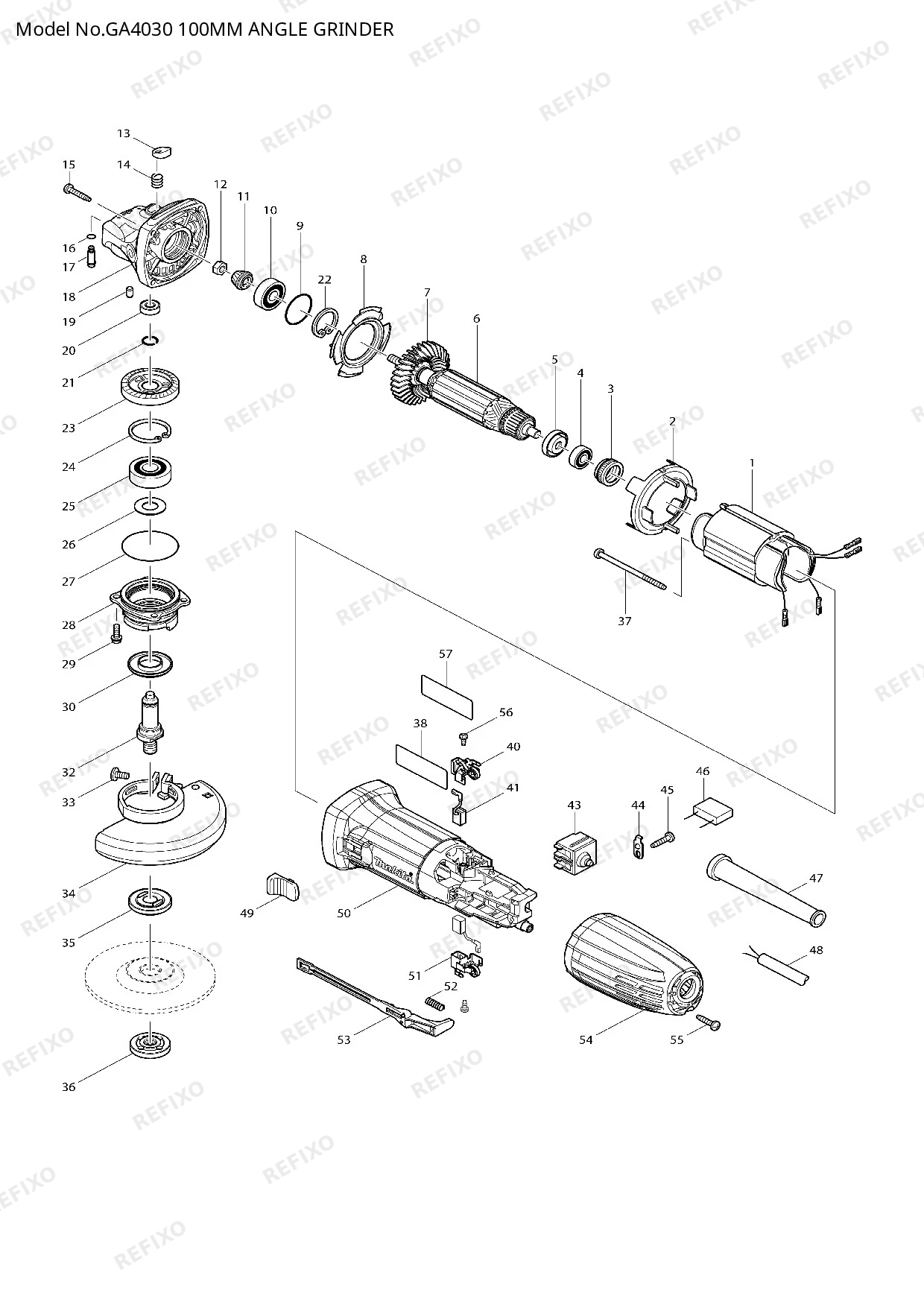 Деталировка MAKITA GA4030 — схема запчастей в разборе