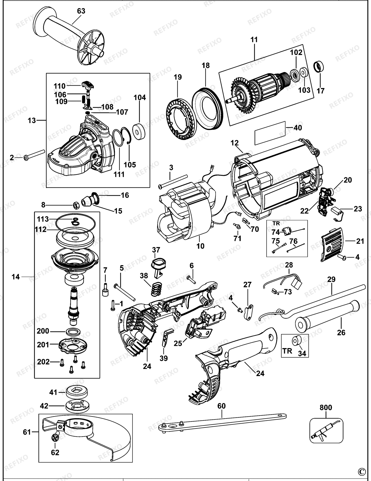 Деталировка DeWalt DWE496-QS TYPE 1 угловая шлифмашина DWE496-QS DWE496 — схема запчастей в разборе