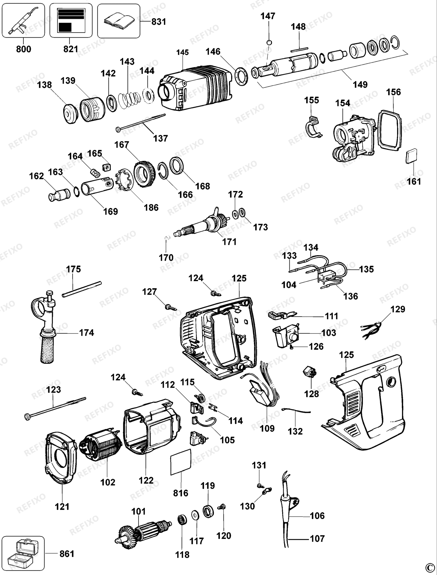 Деталировка DeWalt DW565K-XJ TYPE 1 DREHHAMMER DW565K-XJ DW565K — схема запчастей в разборе