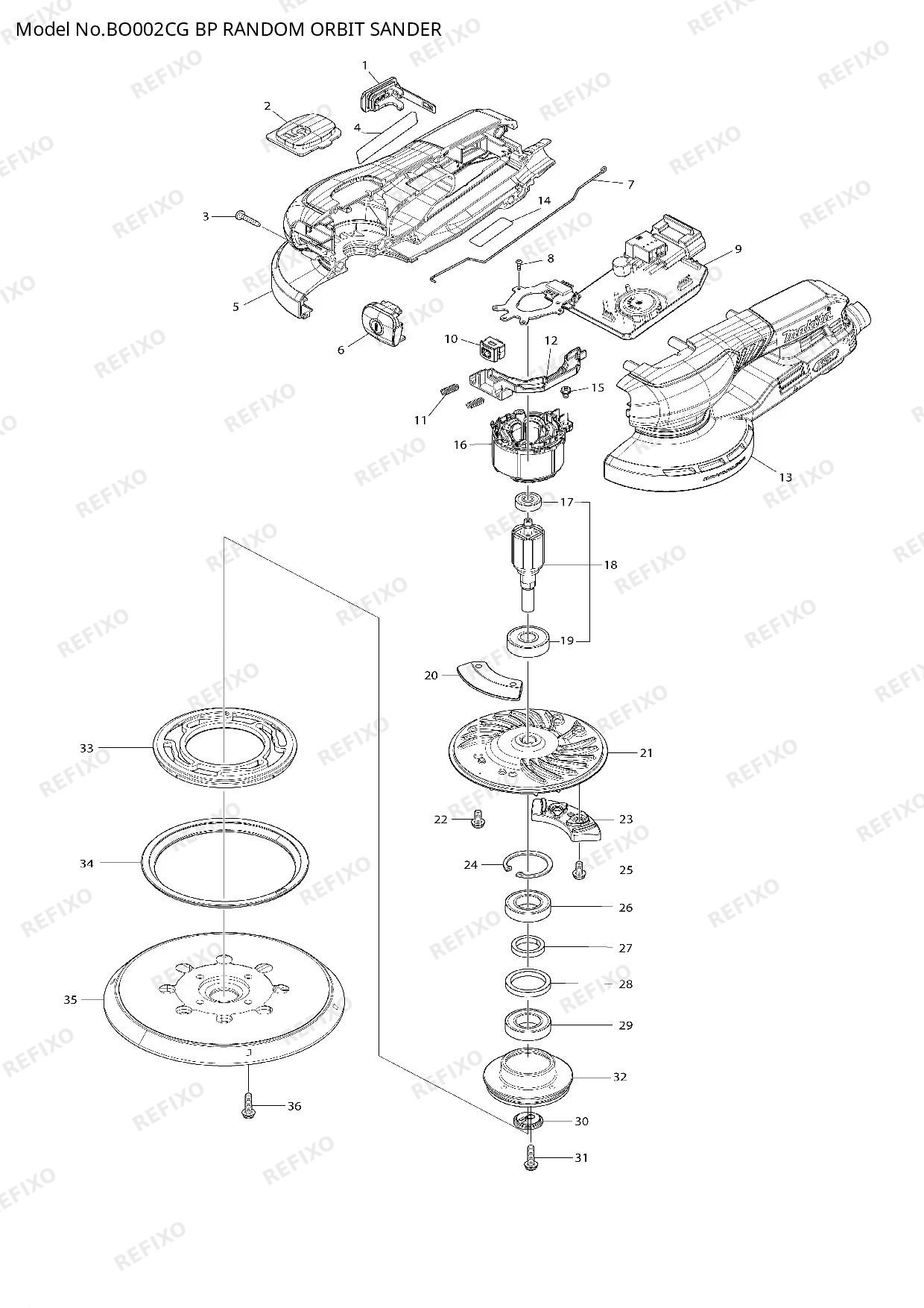 Деталировка MAKITA BO002CG — схема запчастей в разборе