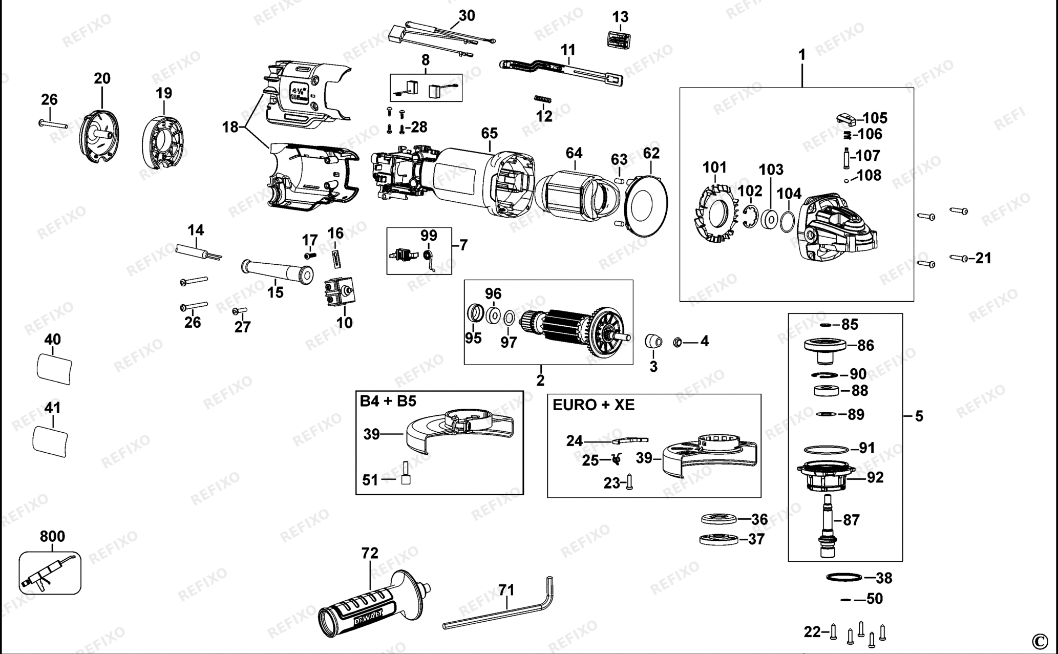 Деталировка DeWalt DWE4204-QS TYPE 3 SMALL ANGLE GRINDER DWE4204-QS DWE4204 — схема запчастей в разборе