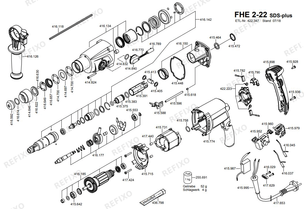 Деталировка Flex FHE 2-22 SDS-plus 230BS — схема запчастей в разборе