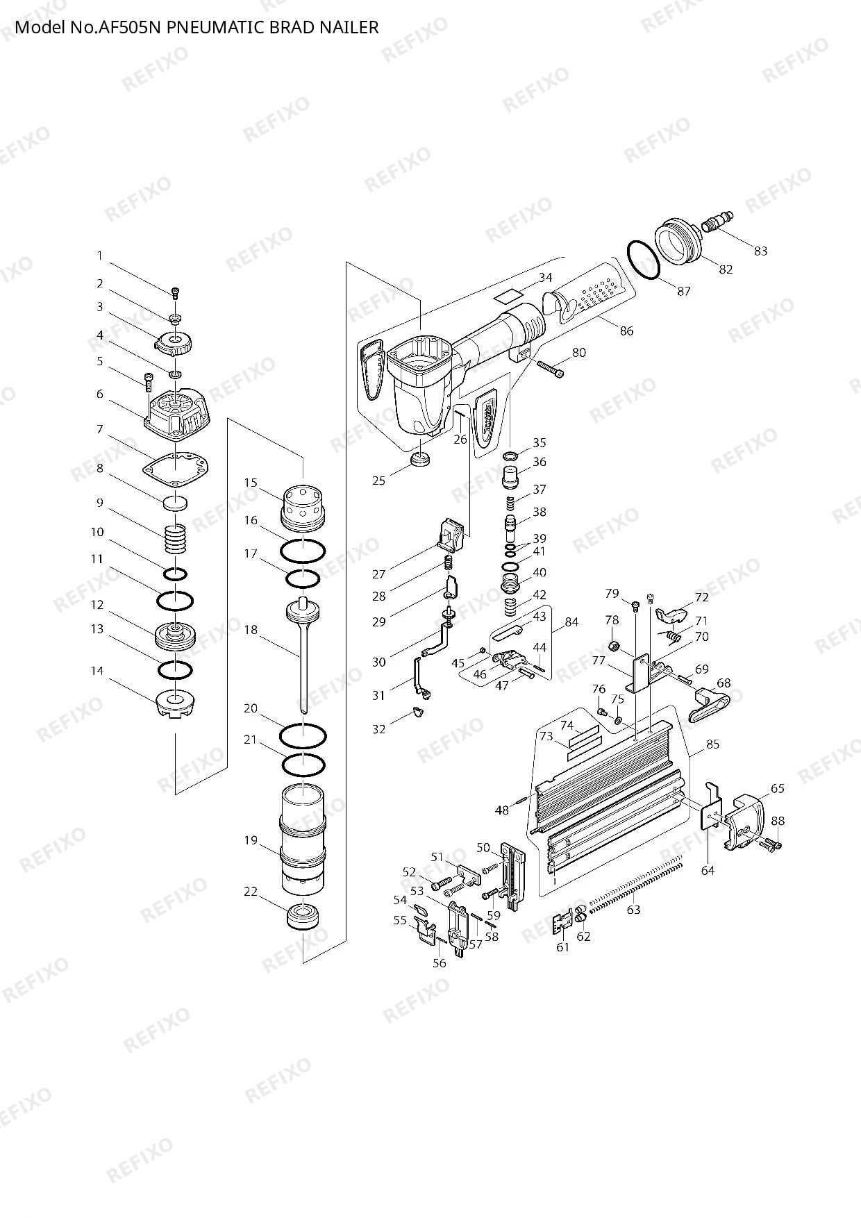 Деталировка MAKITA AF505N — схема запчастей в разборе