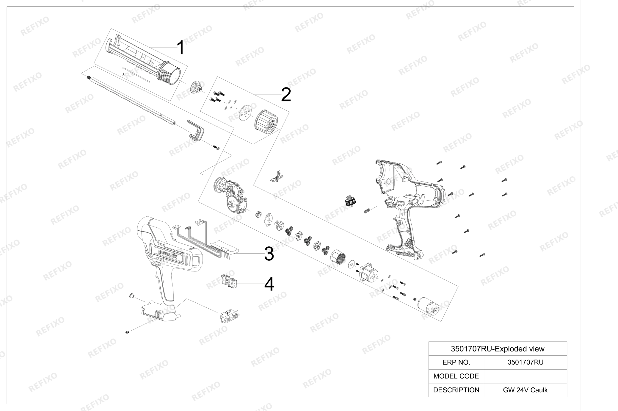 Деталировка Greenworks 3501707 Exploded view — схема запчастей в разборе