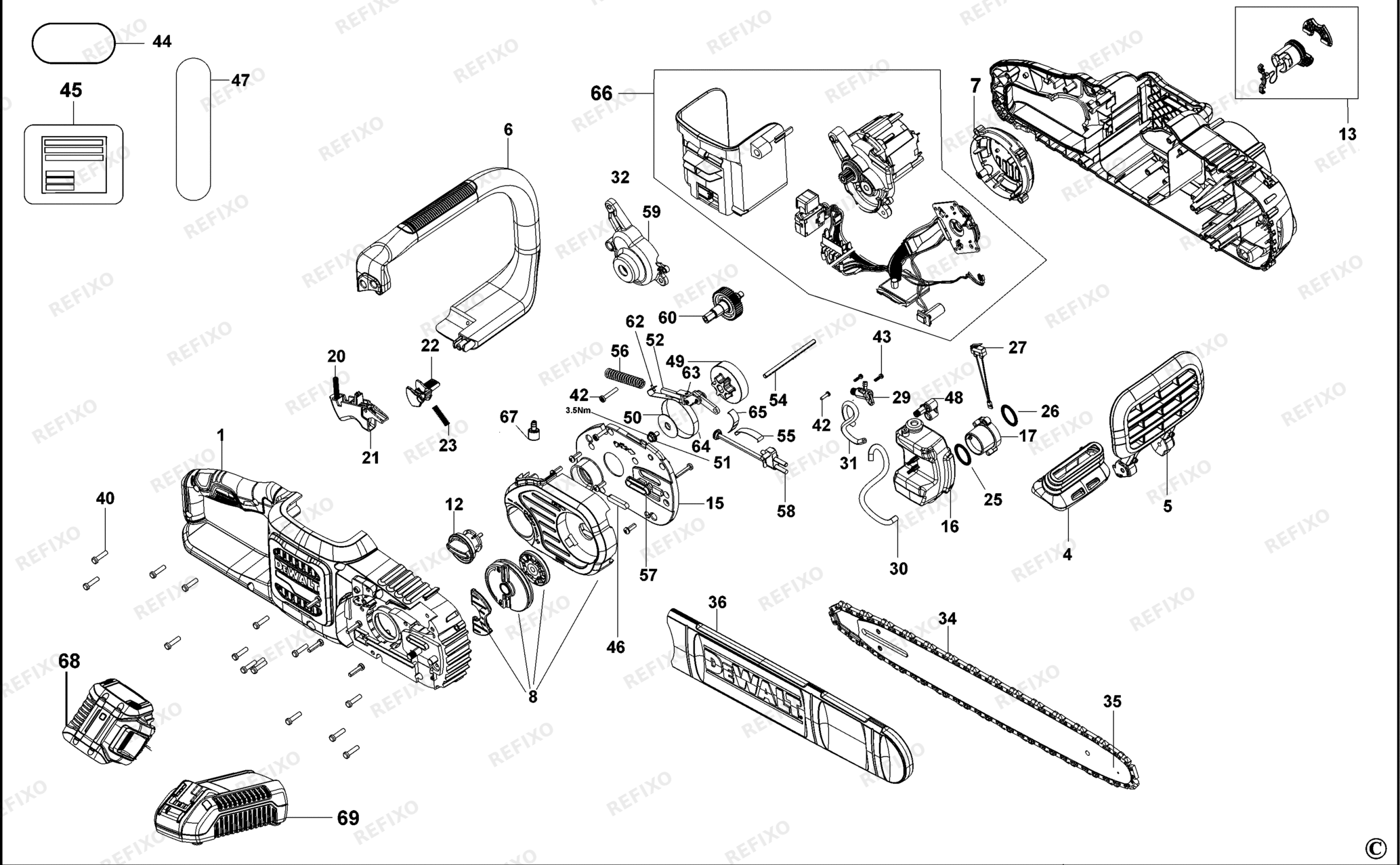 Деталировка DeWalt DCM575-QW TYPE 2 KETTENSÄGE DCM575-QW DCM575 — схема запчастей в разборе