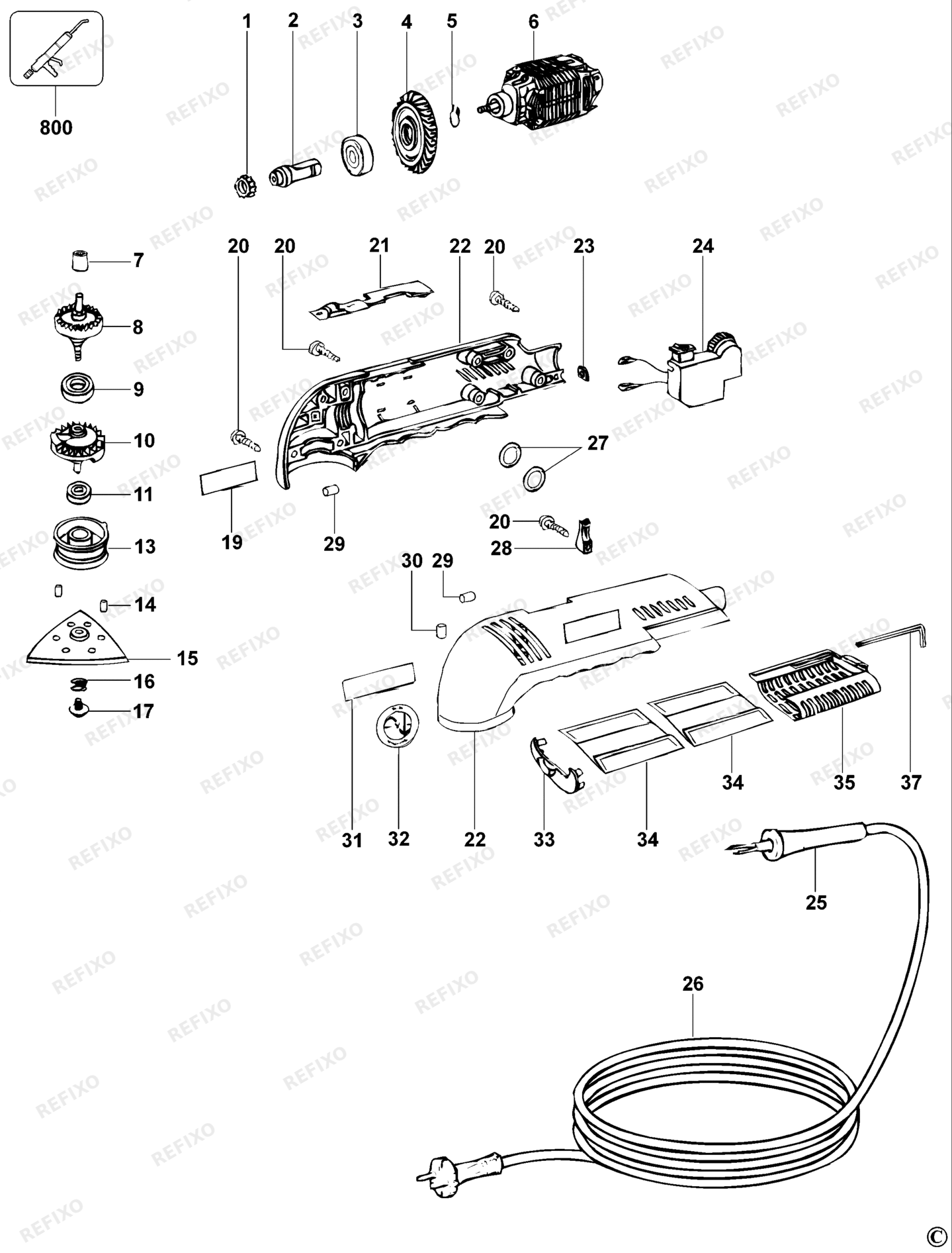Деталировка DeWalt D26430-QS TYPE 1 шлифмашина D26430-QS D26430 — схема запчастей в разборе