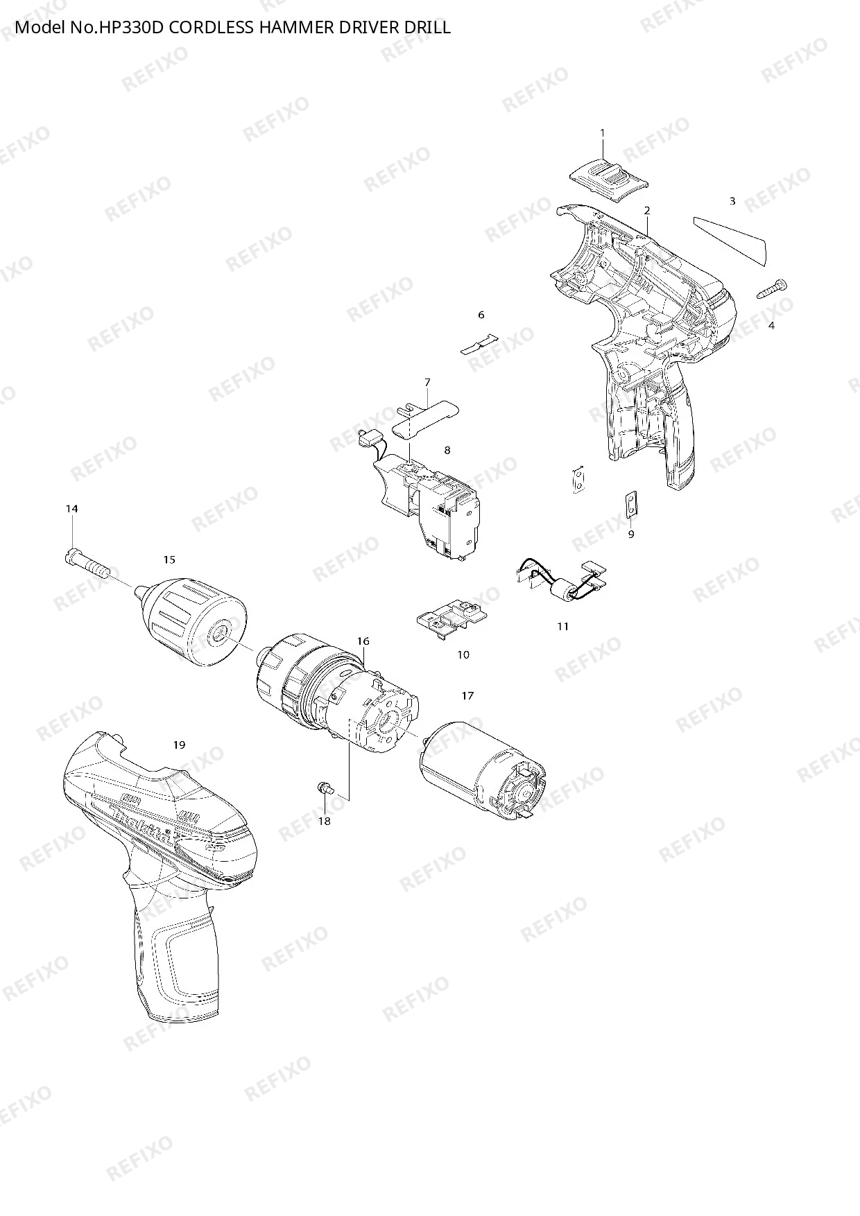 Деталировка MAKITA HP330D — схема запчастей в разборе