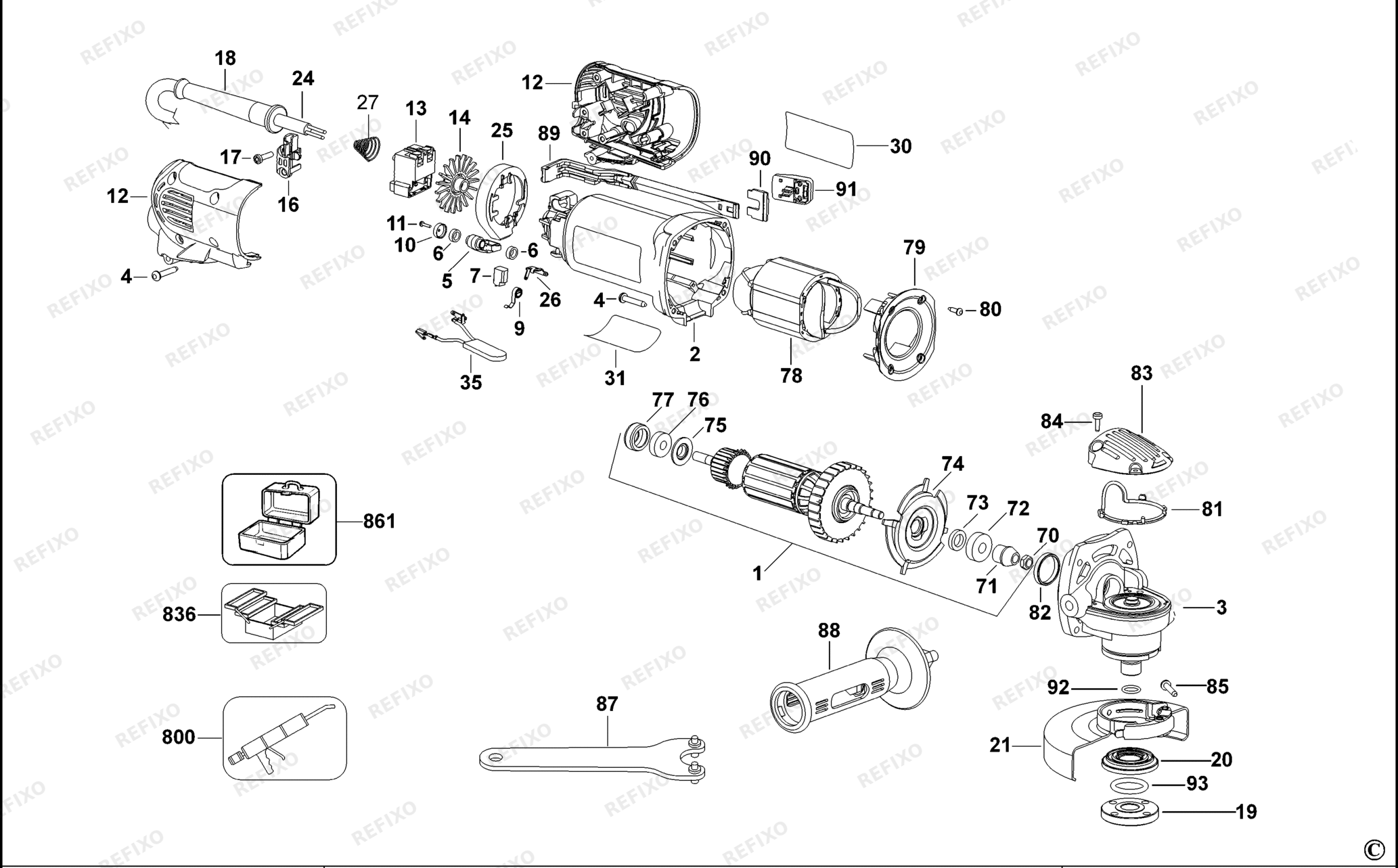 Деталировка DeWalt D28113-LX TYPE 1 SMALL ANGLE GRINDER D28113-LX D28113 — схема запчастей в разборе