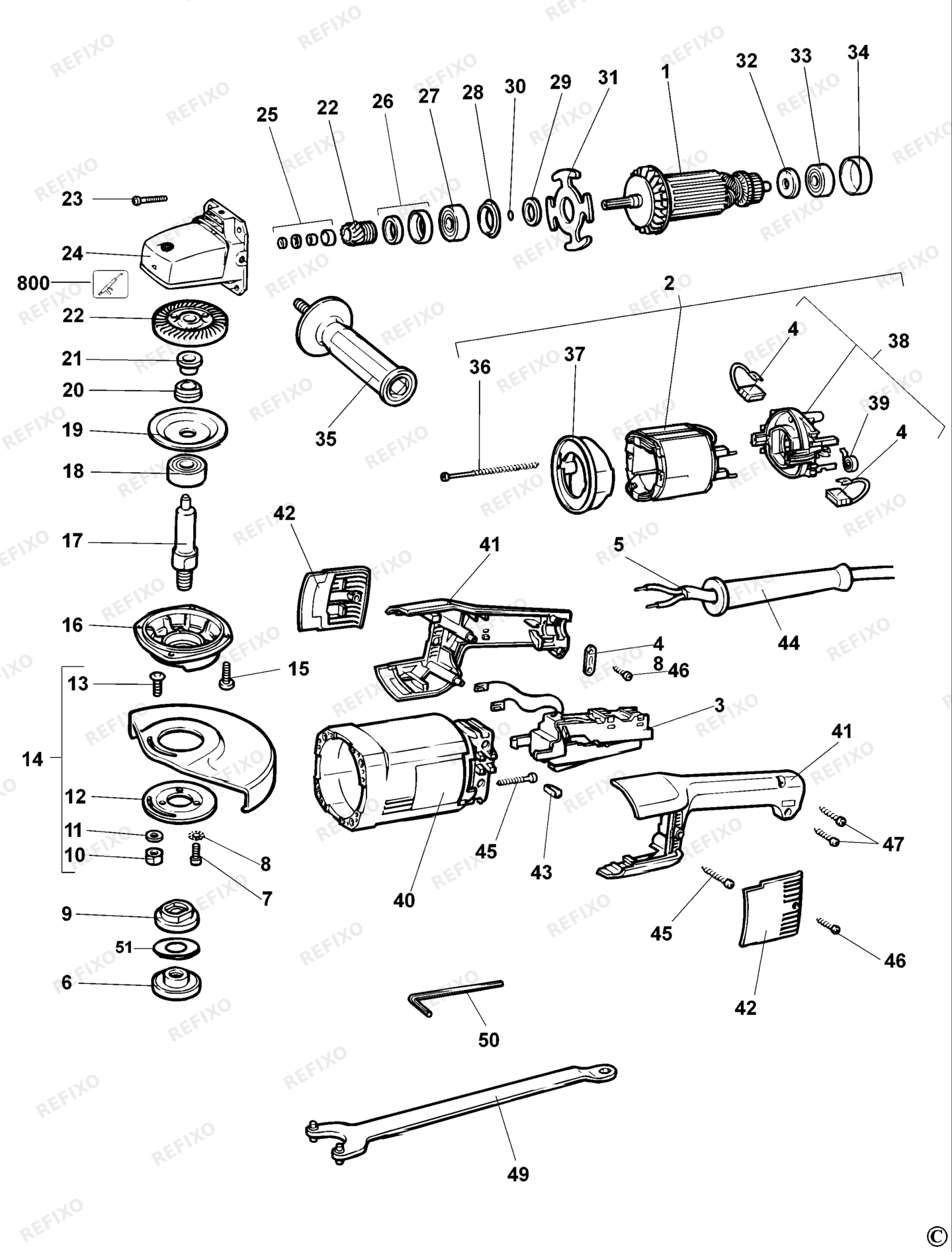 Деталировка DeWalt DW492-QS TYPE 2 угловая шлифмашина DW492-QS DW492 — схема запчастей в разборе