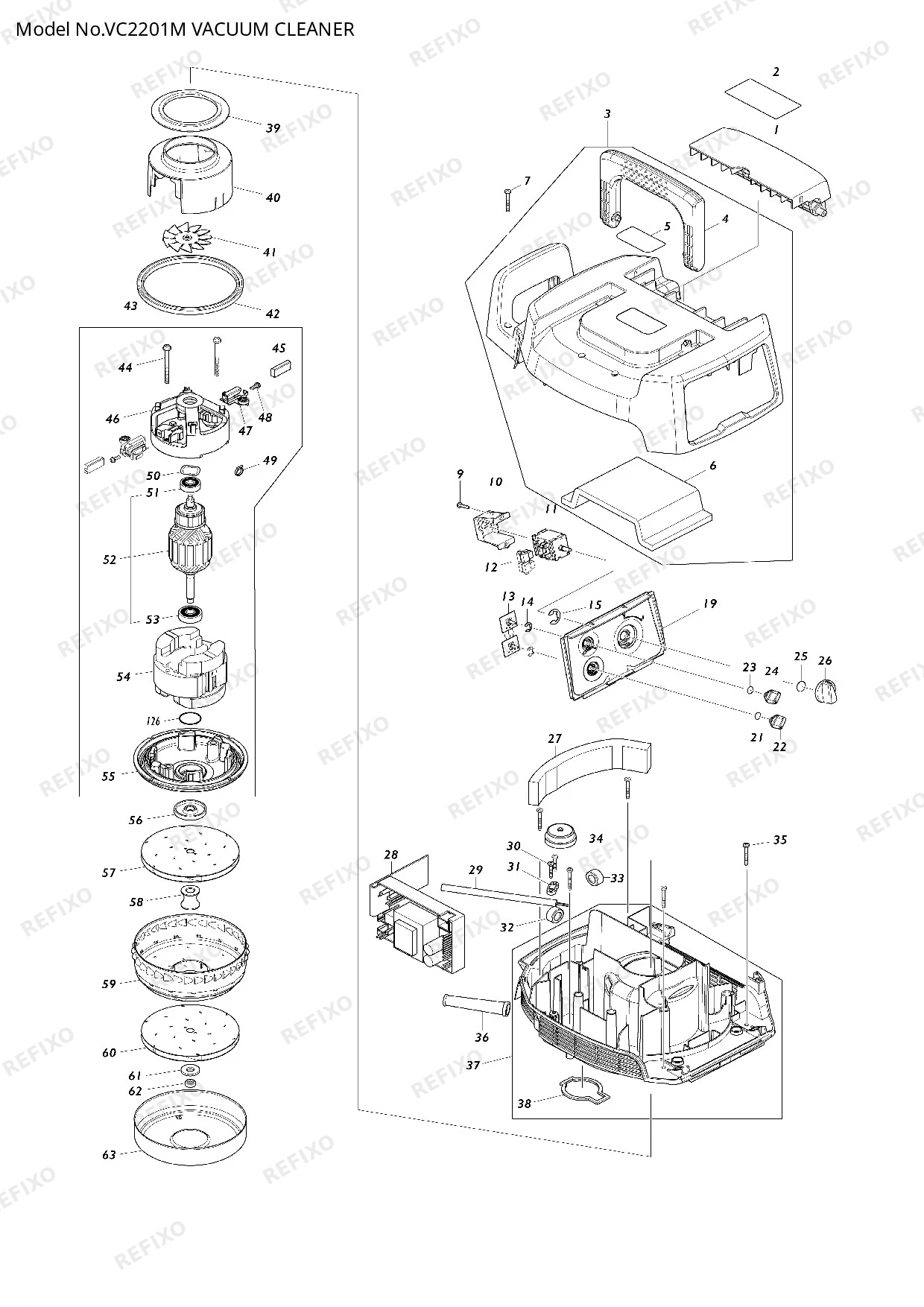 Деталировка MAKITA VC2201M — схема запчастей в разборе