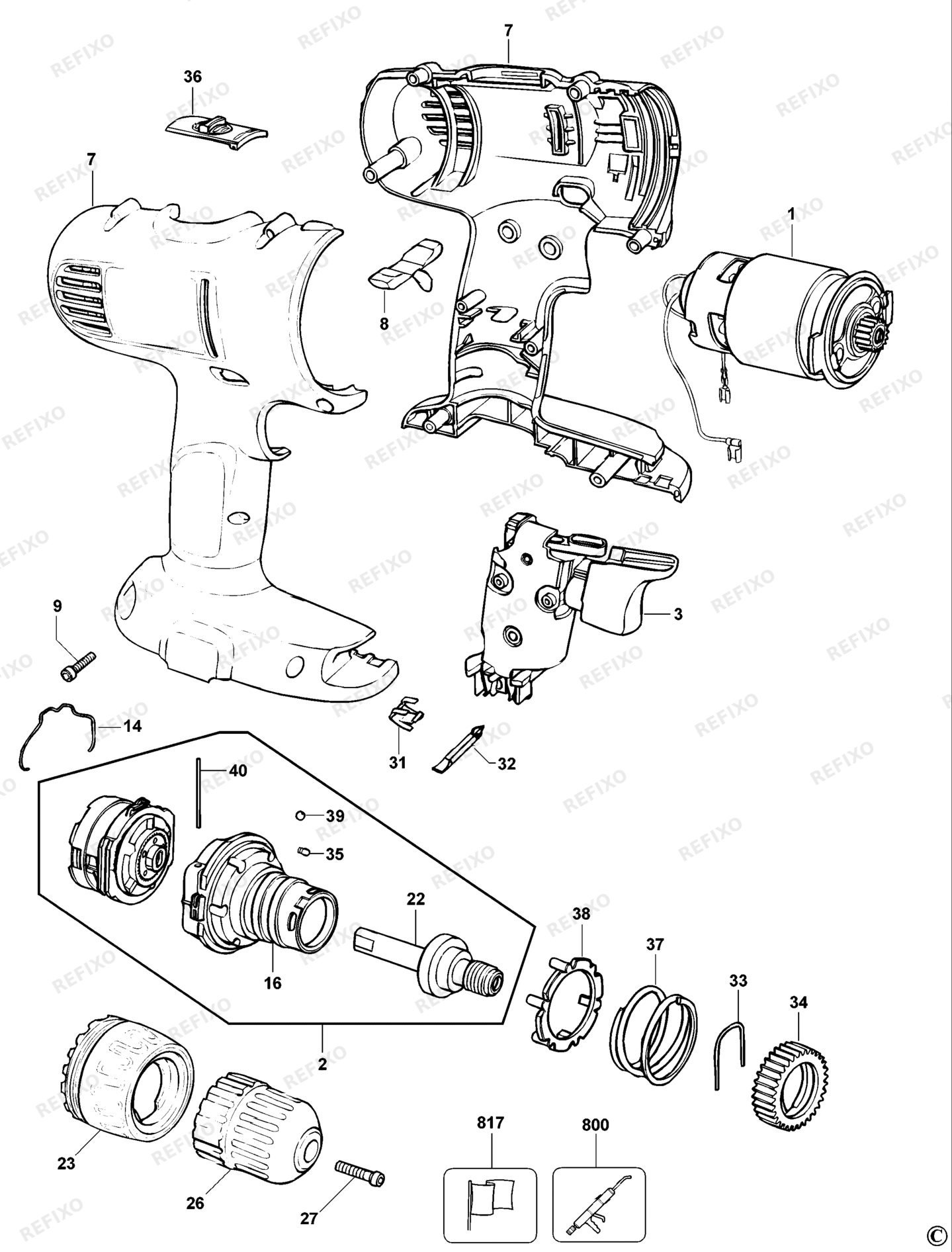 Деталировка DeWalt DW928-XJ TYPE 11 аккумуляторный - дрель DW928-XJ DW928 — схема запчастей в разборе