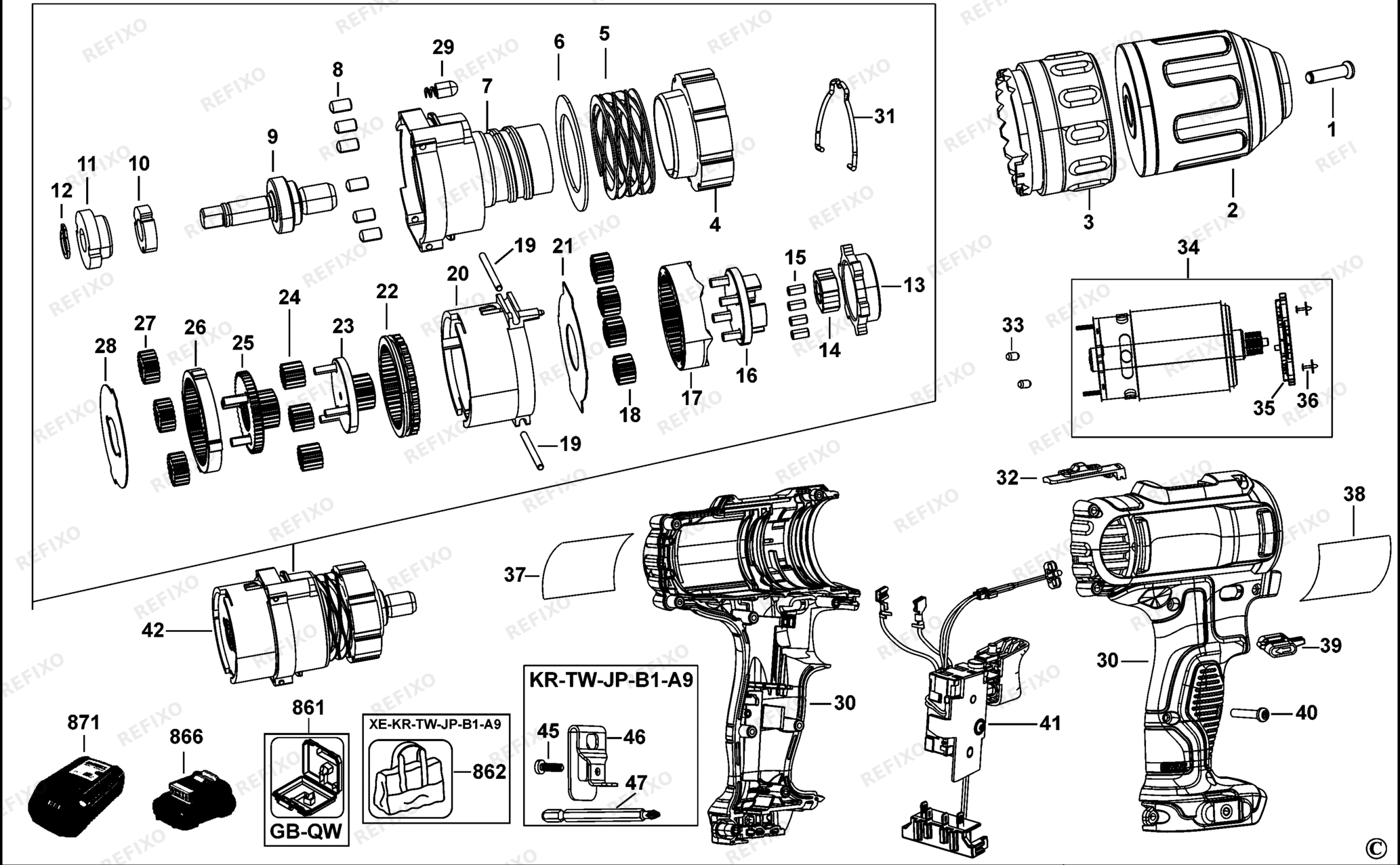 Деталировка DeWalt DCD710-QW TYPE 1 аккумуляторный - дрель DCD710-QW DCD710 — схема запчастей в разборе