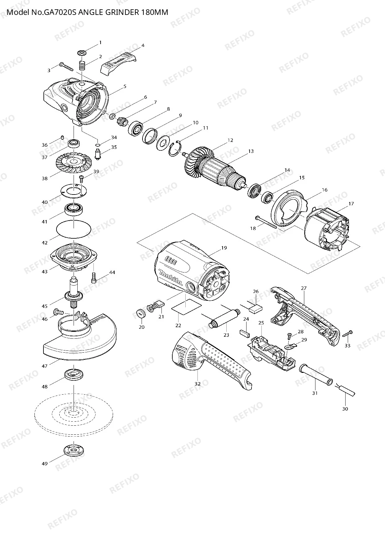 Деталировка MAKITA GA7020S — схема запчастей в разборе