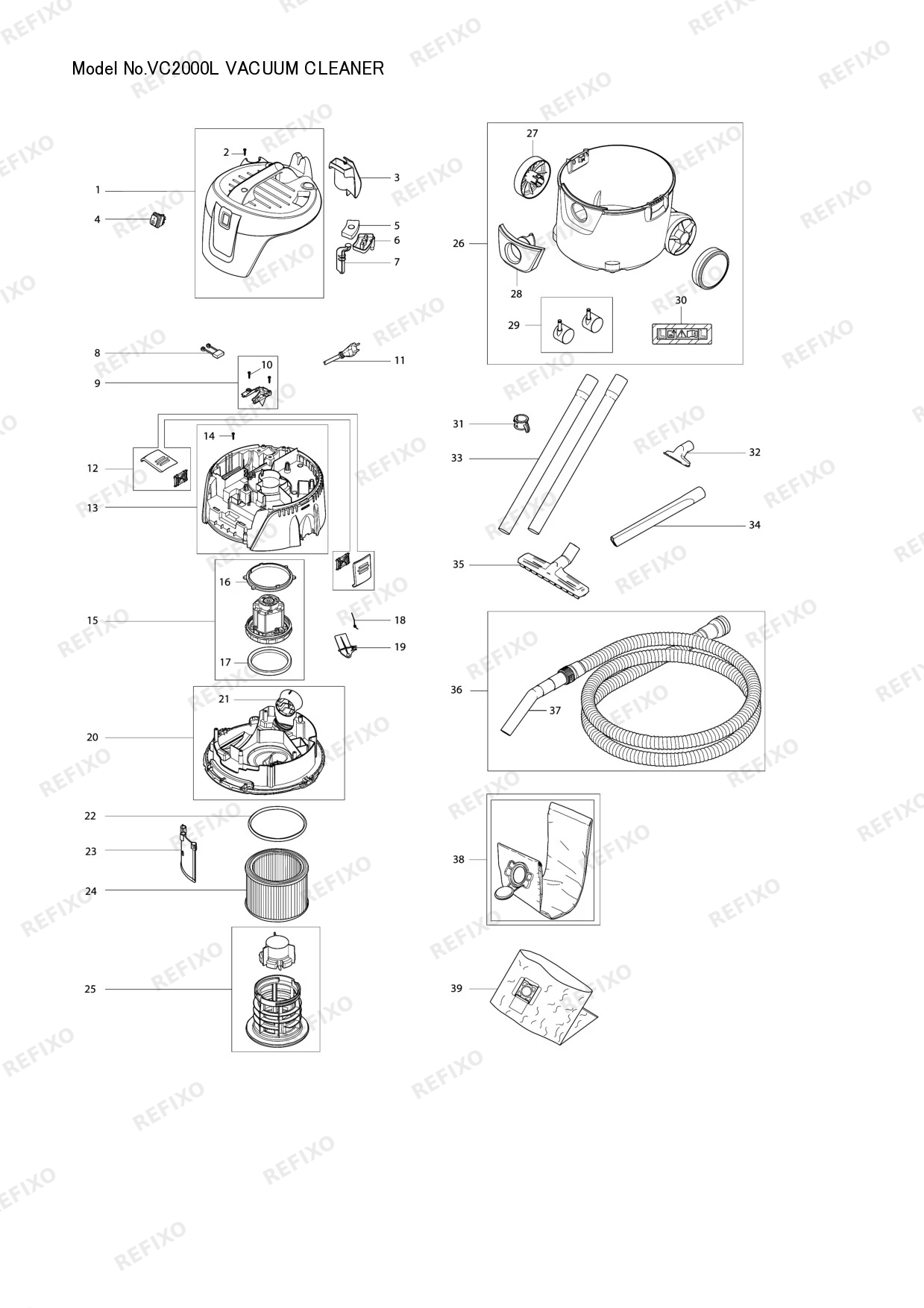 Деталировка MAKITA VC2000L — схема запчастей в разборе
