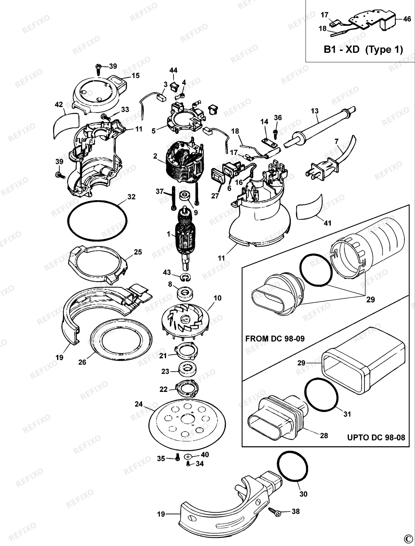 Деталировка DeWalt DW421-QS TYPE 1-2 EKZENTERSCHLEIFER DW421-QS DW421 — схема запчастей в разборе