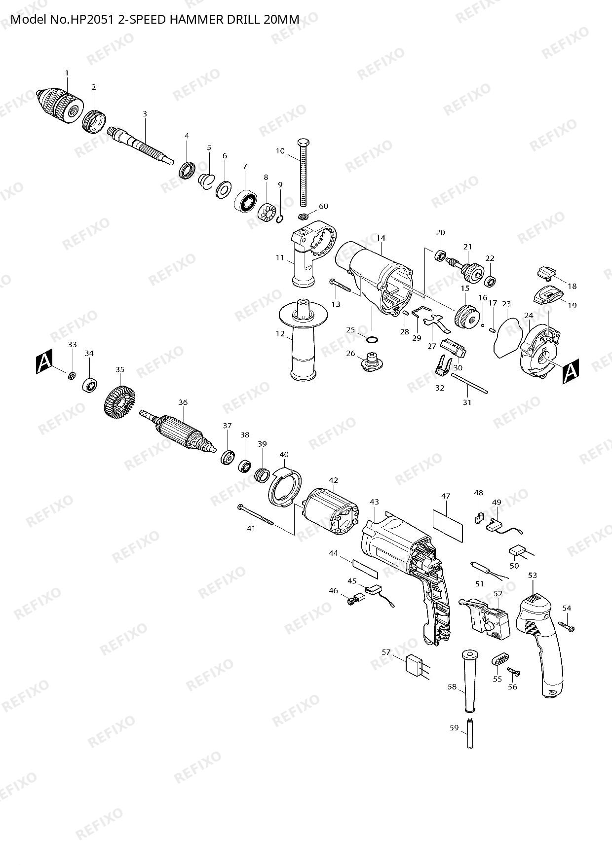 Деталировка MAKITA HP2051 — схема запчастей в разборе