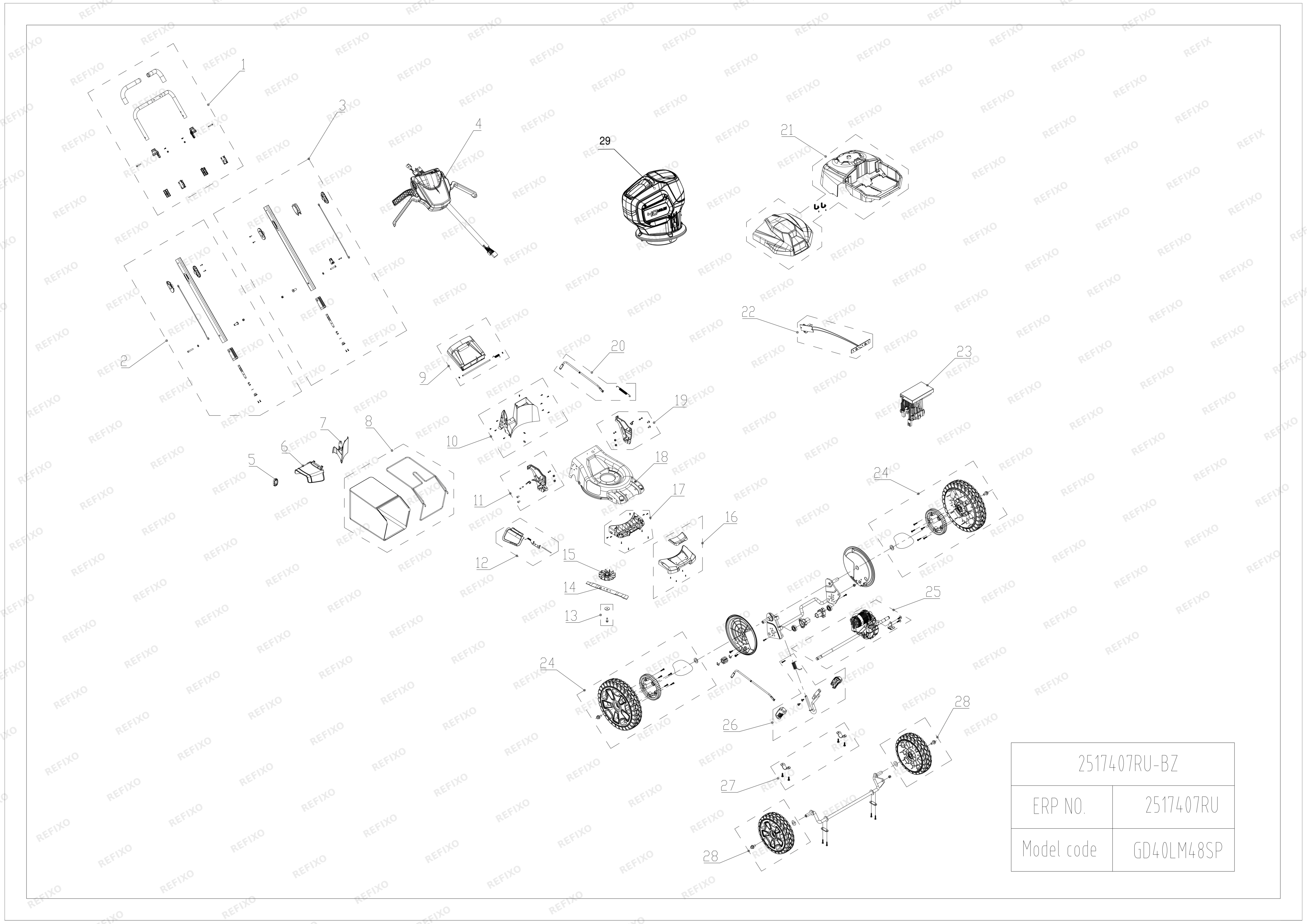 Деталировка Greenworks 2517407RU-Exploded view — схема запчастей в разборе