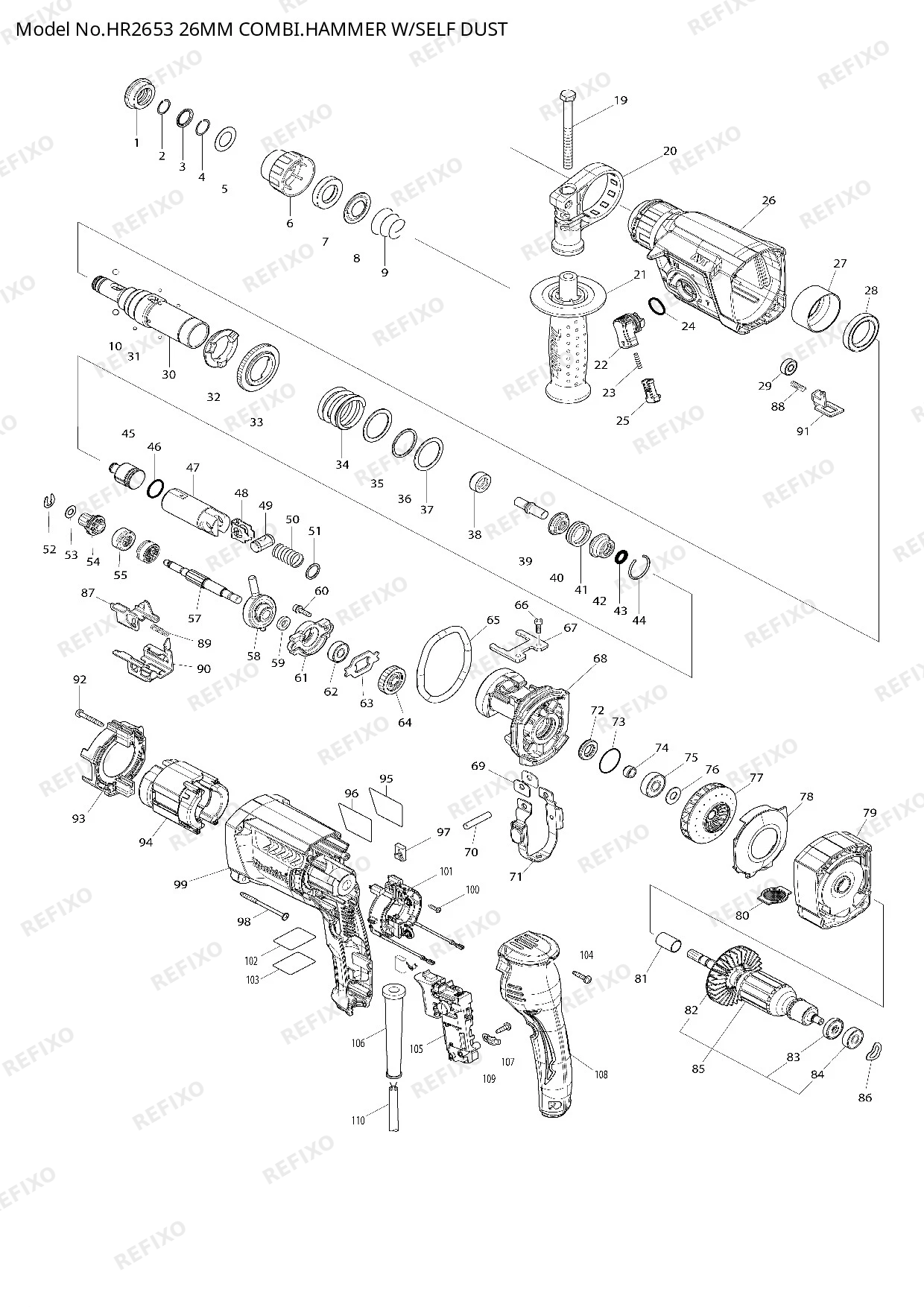 Деталировка MAKITA HR2653 — схема запчастей в разборе