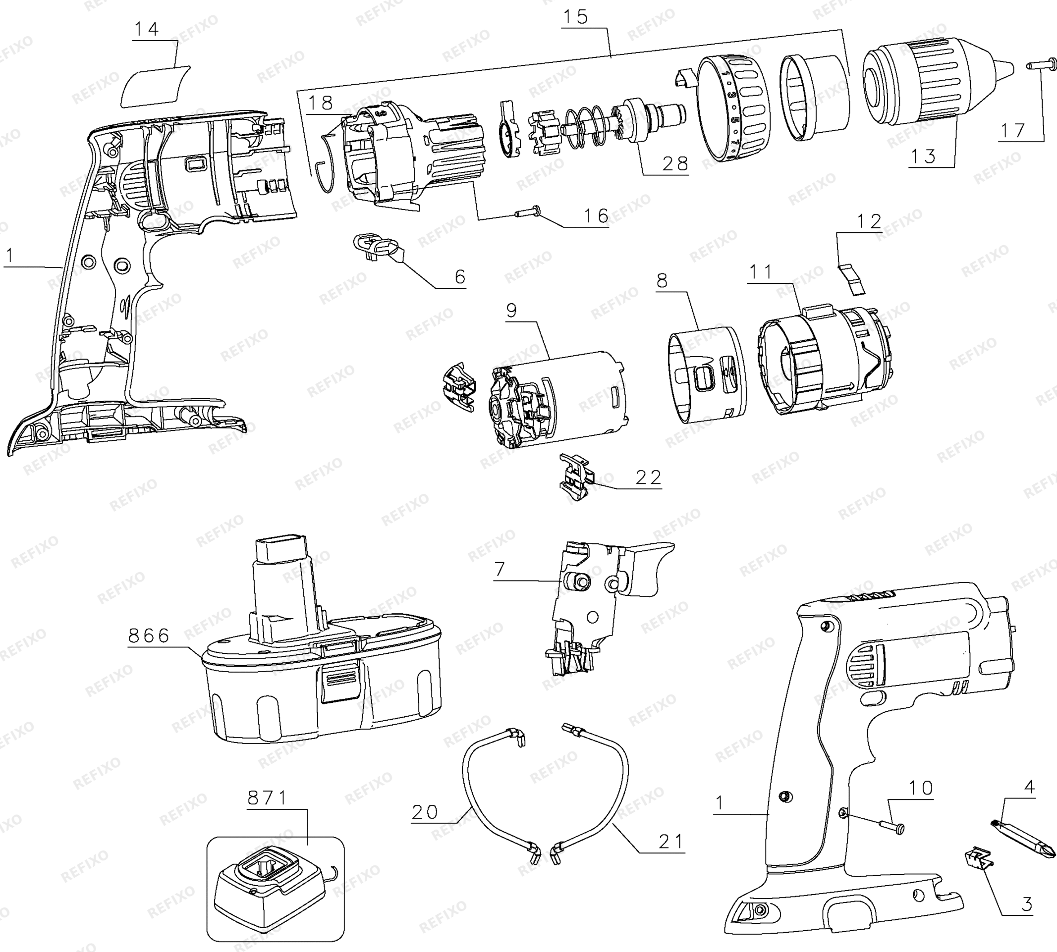 Деталировка DeWalt DW985K2-QW TYPE 1 14.4V HMRDRDRILLDRIVER DW985K2-QW DW985K2 — схема запчастей в разборе