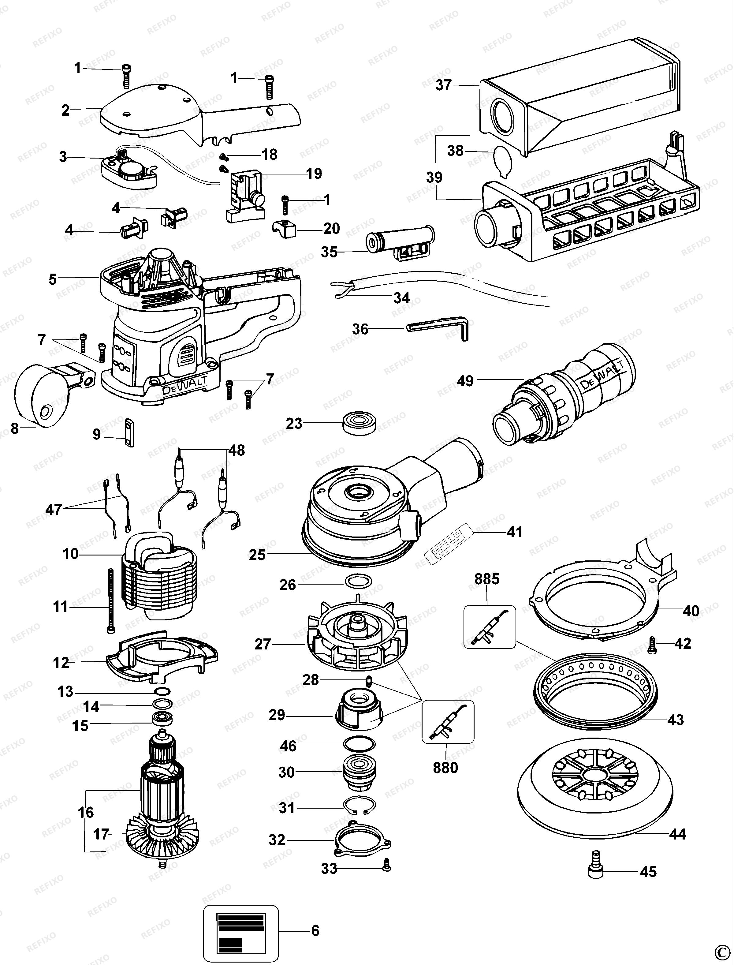 Деталировка DeWalt ШЛИФОВАЛЬНЫЙ СТАНОК D26410 — схема запчастей в разборе
