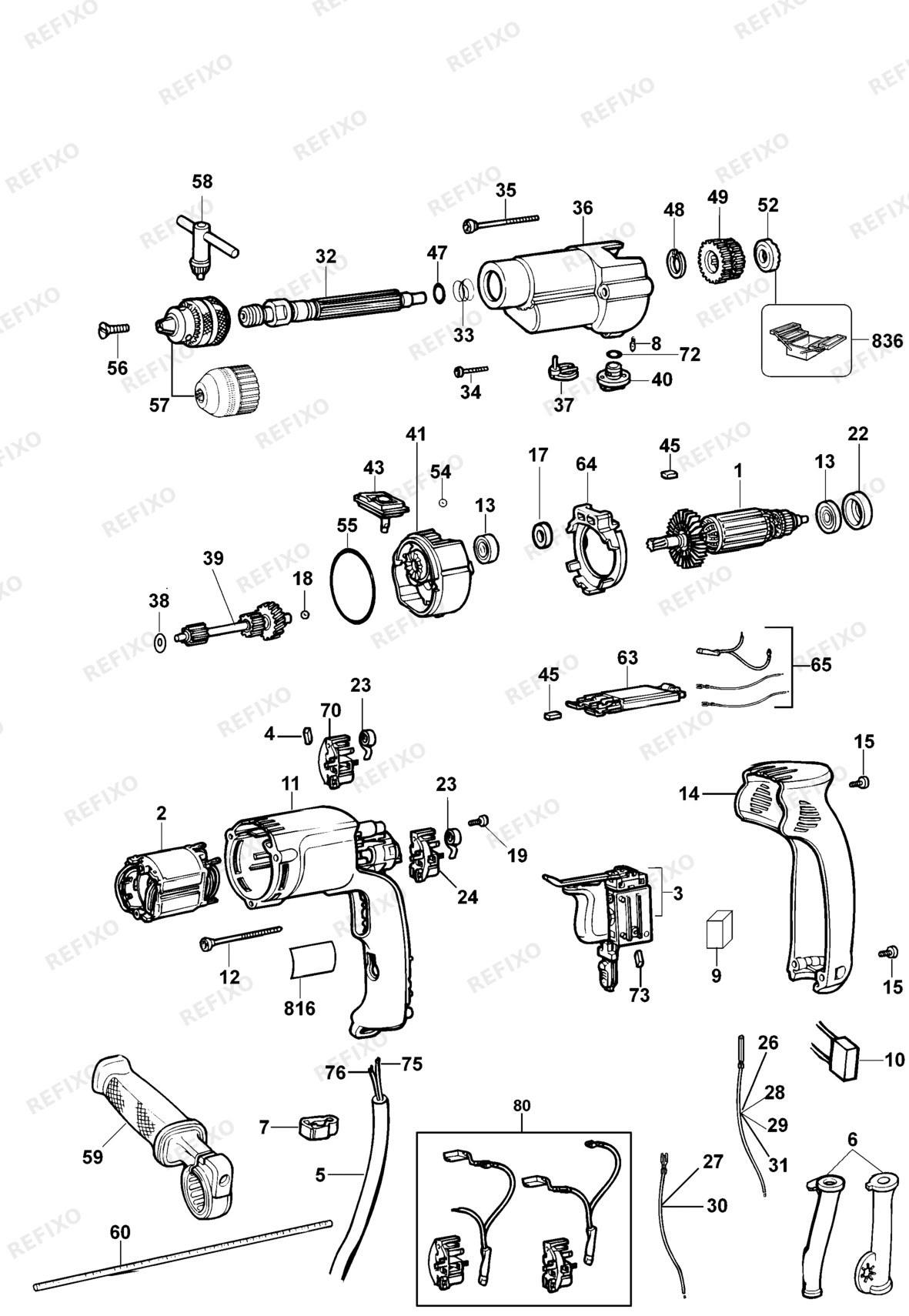 Деталировка DeWalt DW505-DE TYPE 1 перфоратор DW505-DE DW505 — схема запчастей в разборе