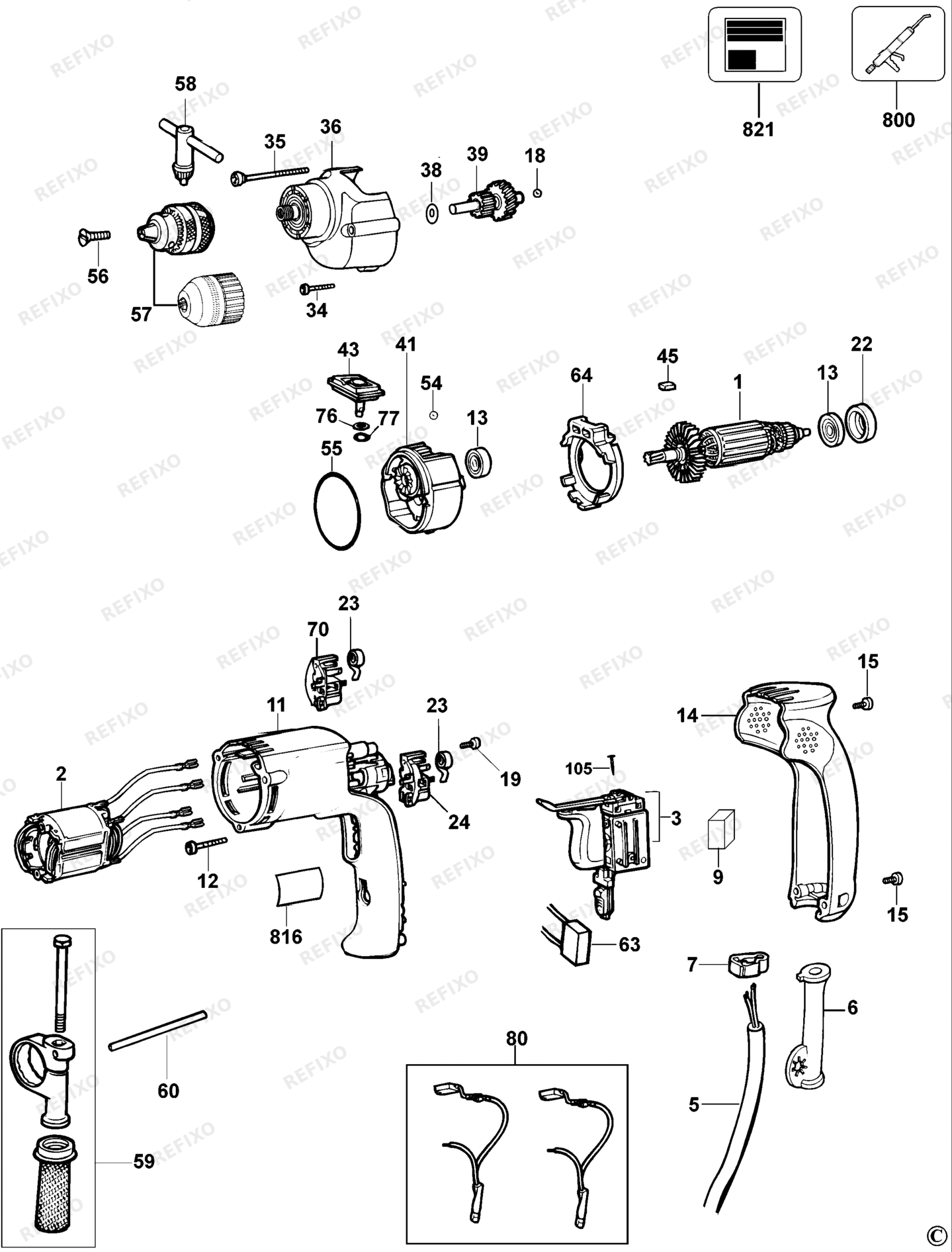 Деталировка DeWalt DW205-LX TYPE 2 BOHRER DW205-LX DW205 — схема запчастей в разборе