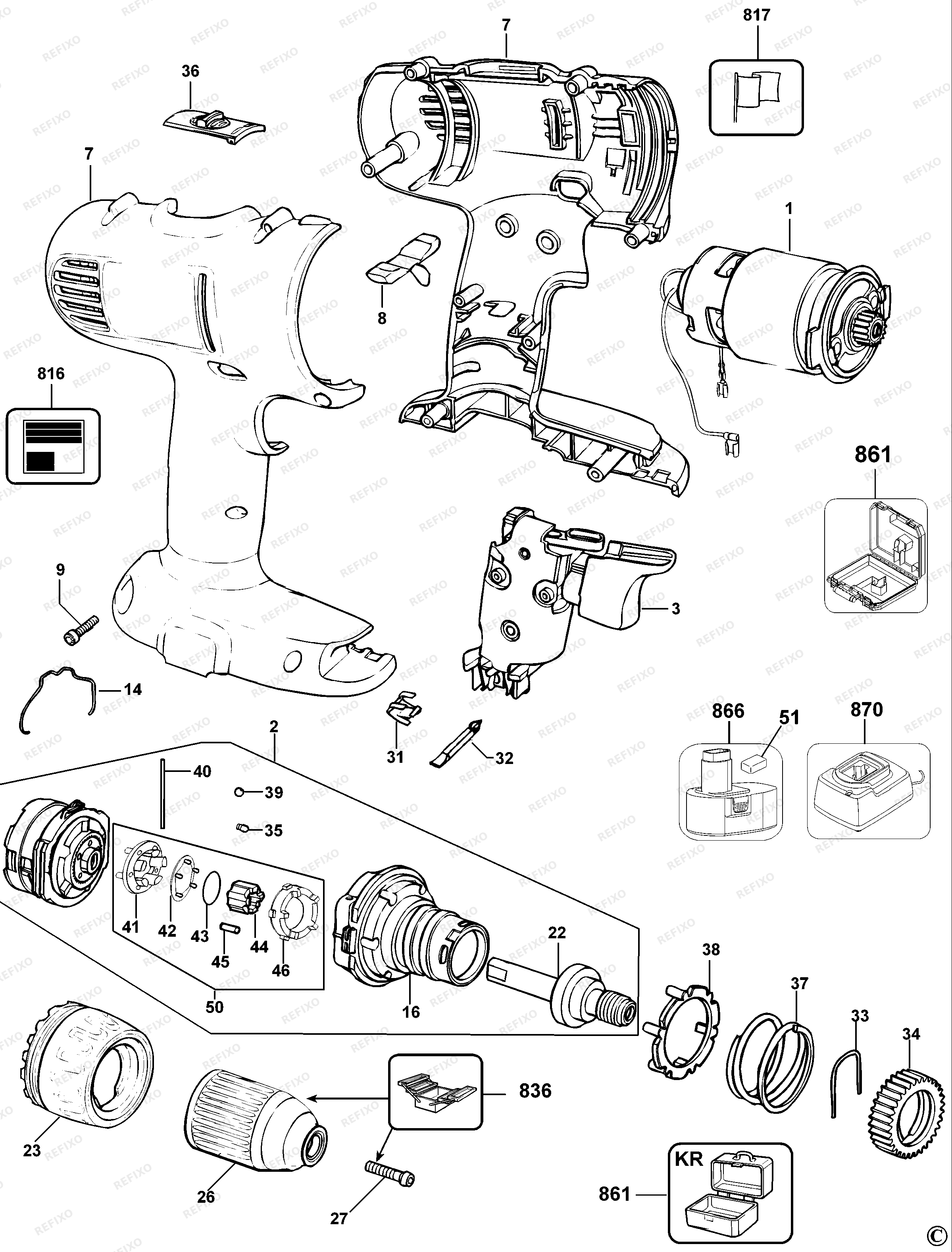 Деталировка DeWalt АККУМУЛЯТОРНАЯ ДРЕЛЬ / ШУРУПОВЁРТ DC727K — схема запчастей в разборе