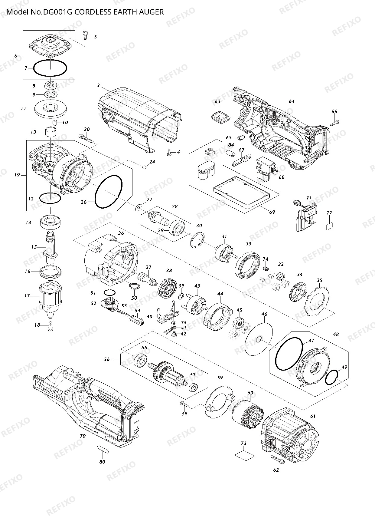 Деталировка MAKITA DG001G — схема запчастей в разборе