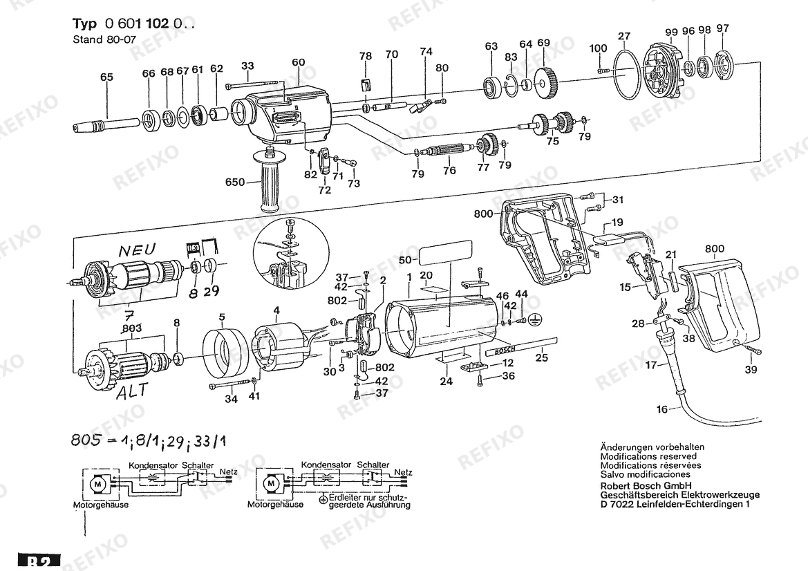 Деталировка Bosch Дрель дрель | 230 V | 001 - EU (0 601 102 005) — схема запчастей в разборе