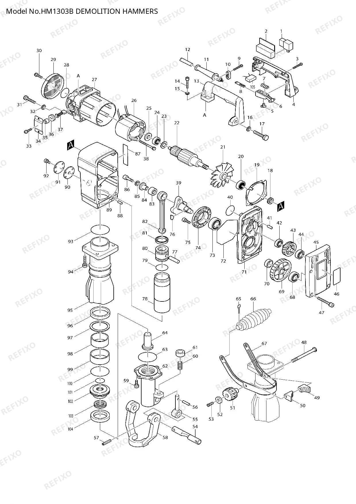 Деталировка MAKITA HM1303B — схема запчастей в разборе