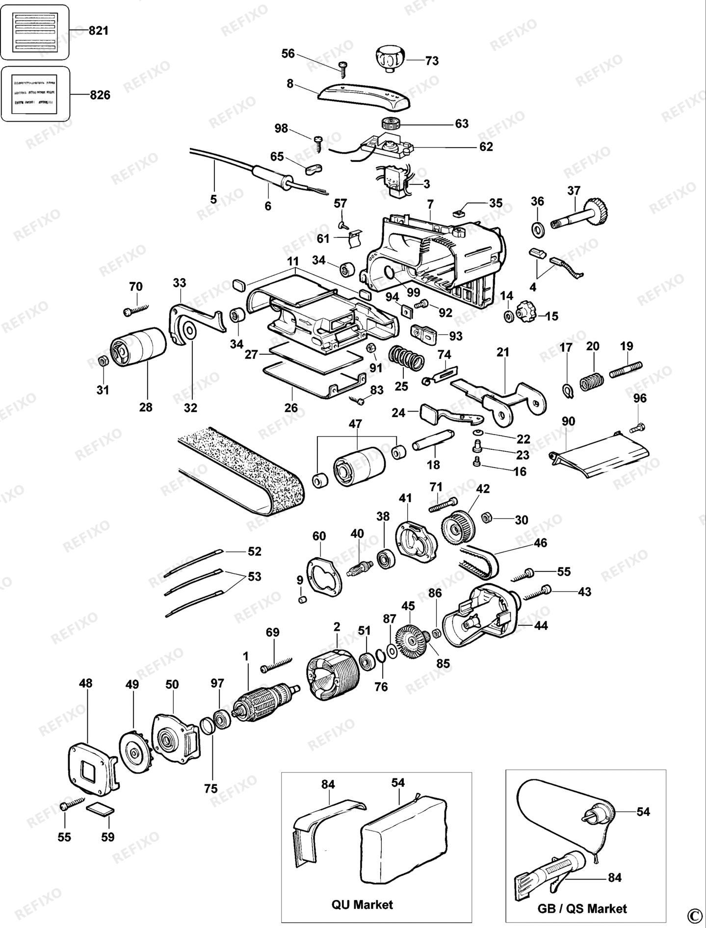 Деталировка DeWalt DW431-QS TYPE 6 ленточная шлифмашина DW431-QS DW431 — схема запчастей в разборе