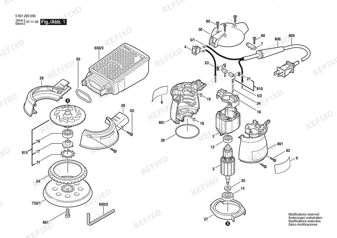 Деталировка Bosch Эксцентриковая шлифмашина 1295 D | 120 V | 061 - US (0 601 295 056) — схема запчастей в разборе
