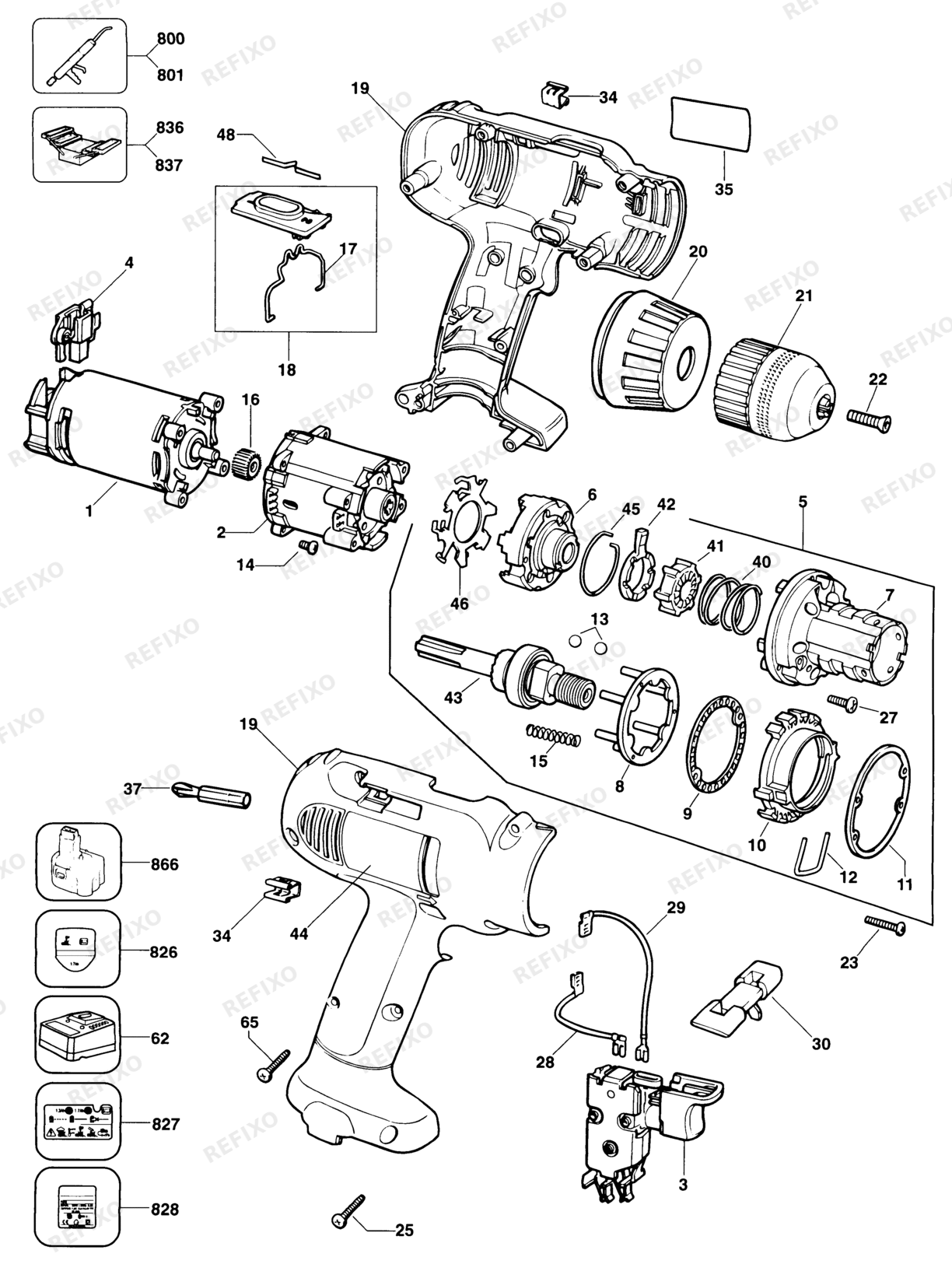 Деталировка DeWalt DW914-QW TYPE 1 аккумуляторный - дрель DW914-QW DW914 — схема запчастей в разборе