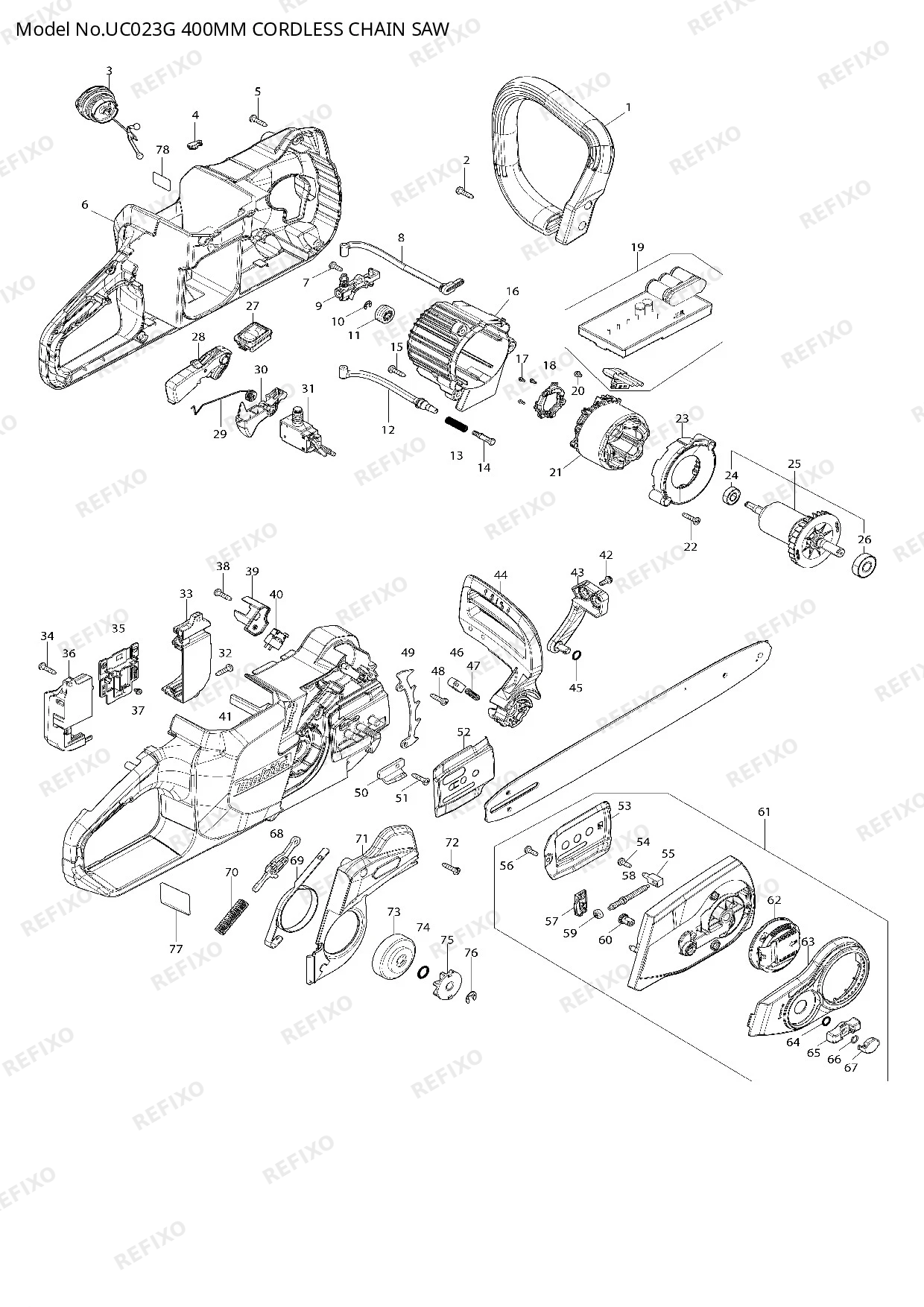Деталировка MAKITA UC023G — схема запчастей в разборе