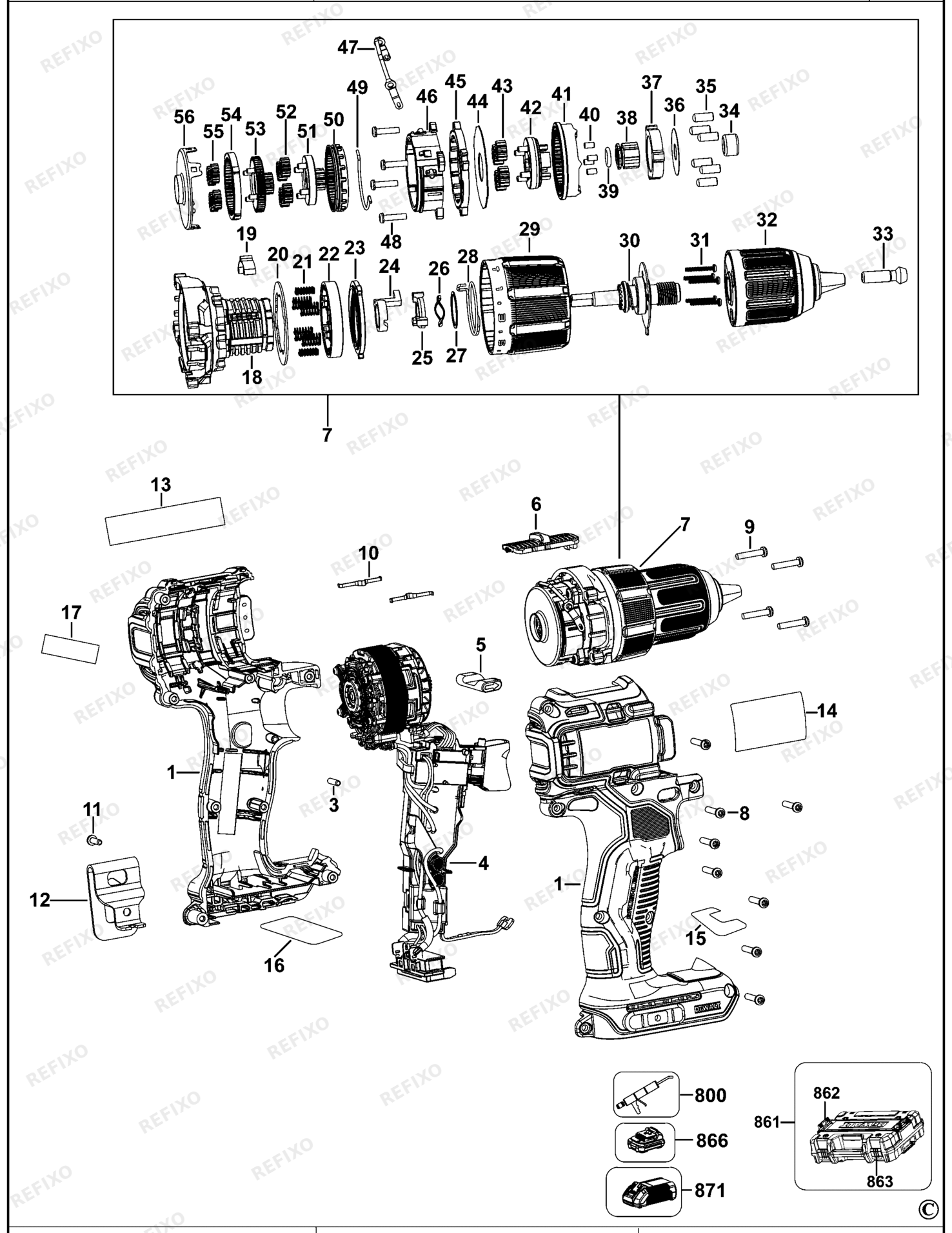 Деталировка DeWalt DCD709-QW TYPE 1 перфоратор DCD709-QW DCD709 — схема запчастей в разборе