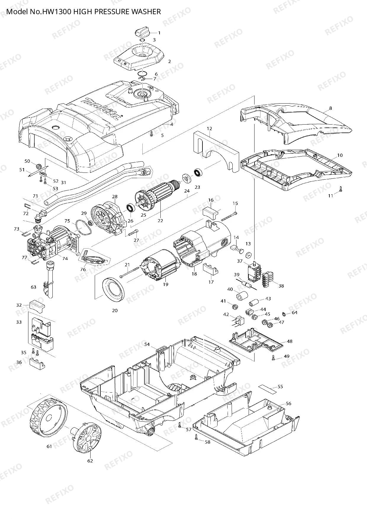 Деталировка MAKITA HW1300 — схема запчастей в разборе