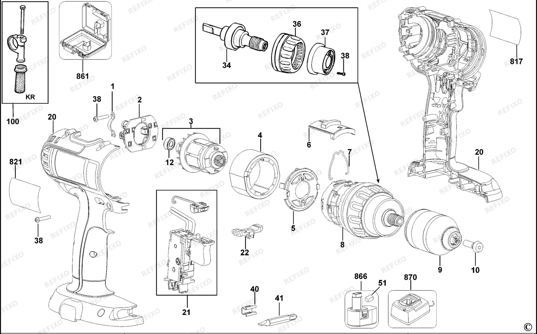 Деталировка DeWalt DC732K-XJ TYPE 1 аккумуляторный - дрель DC732K-XJ DC732K — схема запчастей в разборе