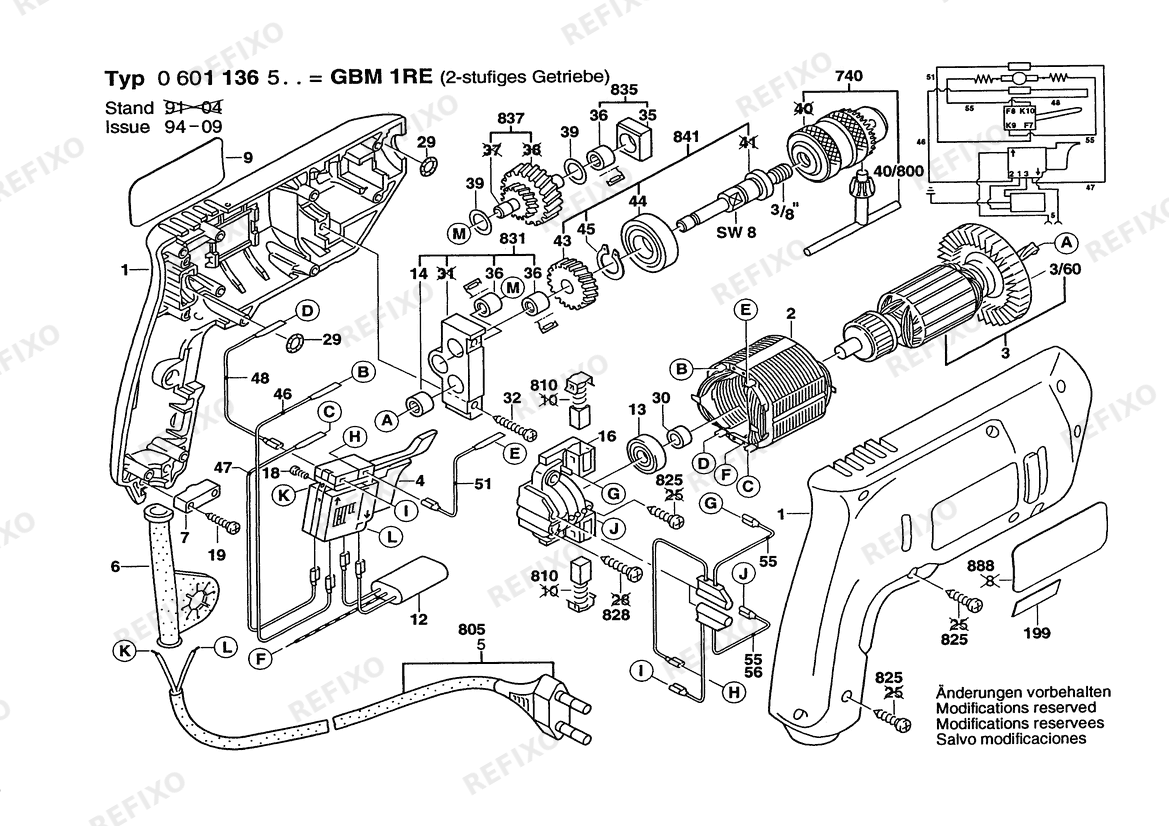 Деталировка Bosch Gw-1G- дрель -Elktrn GBM 1 RE | 230 V | 001 - EU (0 601 136 561) — схема запчастей в разборе