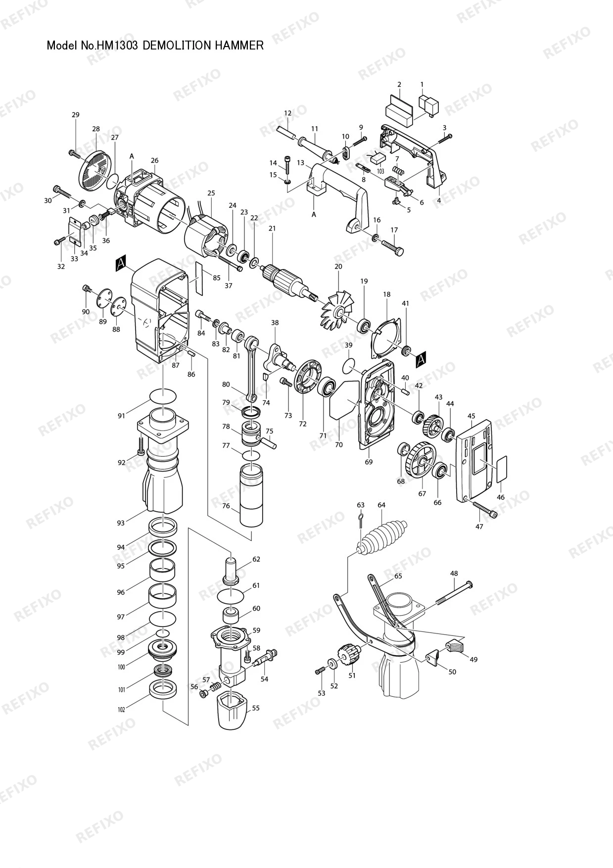 Деталировка MAKITA HM1303 — схема запчастей в разборе