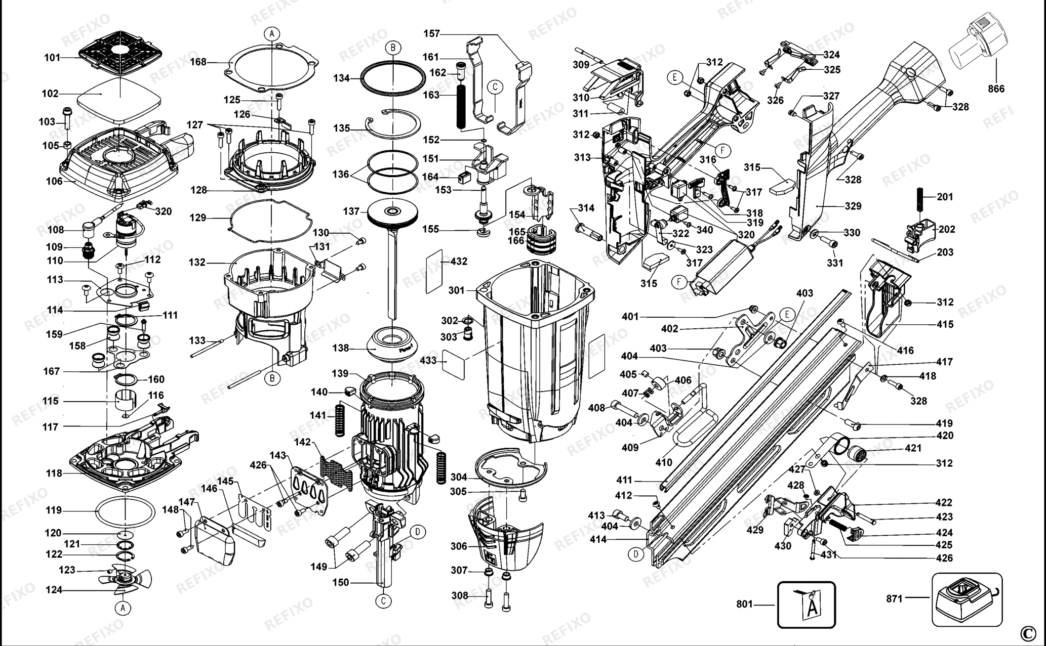 Деталировка DeWalt DGN9033-XJ TYPE REV A аккумуляторный NAGLER DGN9033-XJ DGN9033 — схема запчастей в разборе