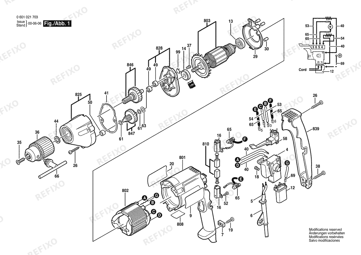 Деталировка Bosch Дрель GBM 10 RES 1021 | 230 V | 061 - US (0 601 021 703) — схема запчастей в разборе