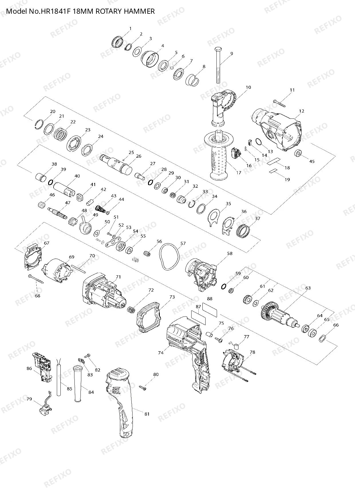 Деталировка MAKITA HR1841F — схема запчастей в разборе