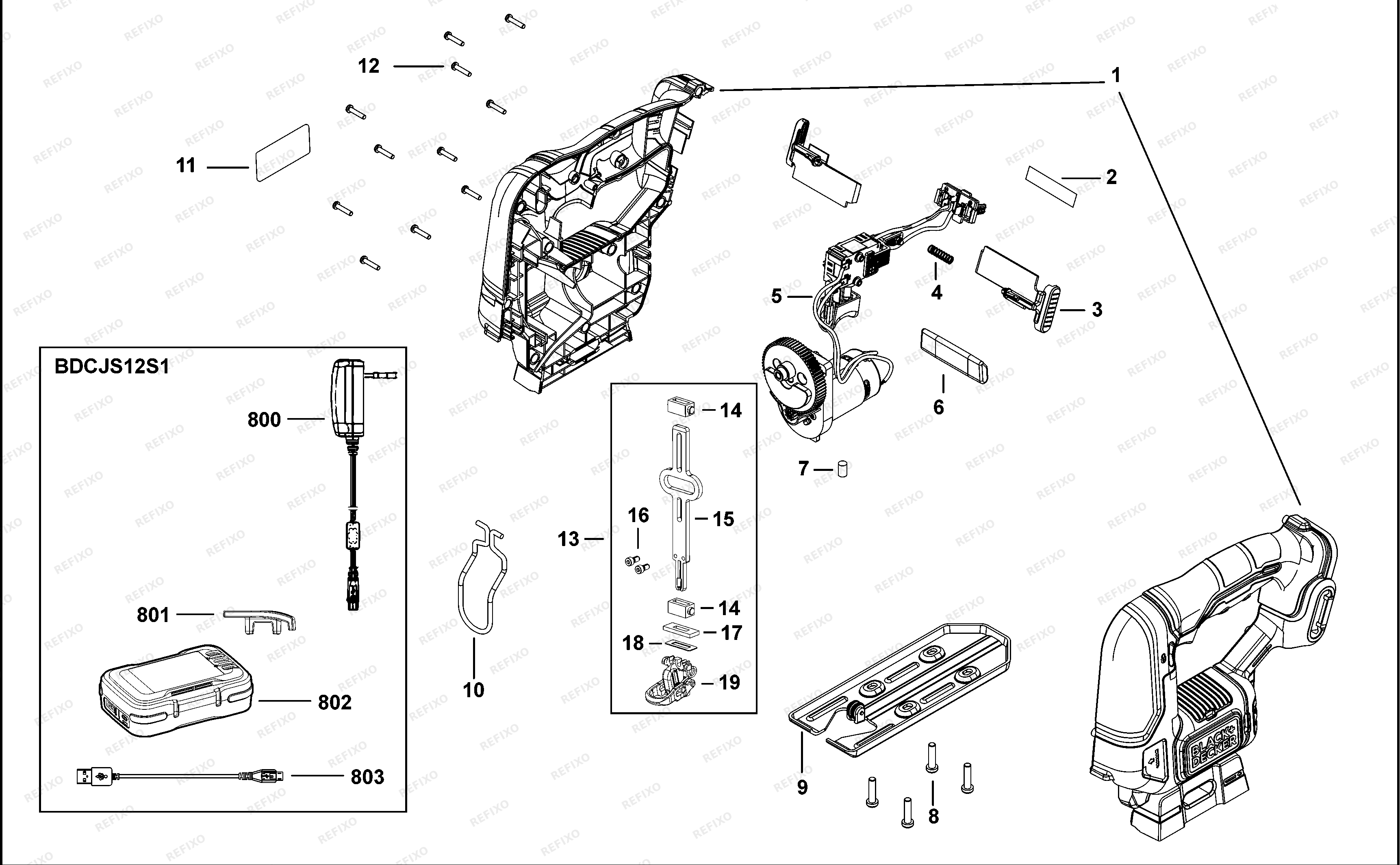 Black&Decker ЛОБЗИК BCS601 — схема запчастей