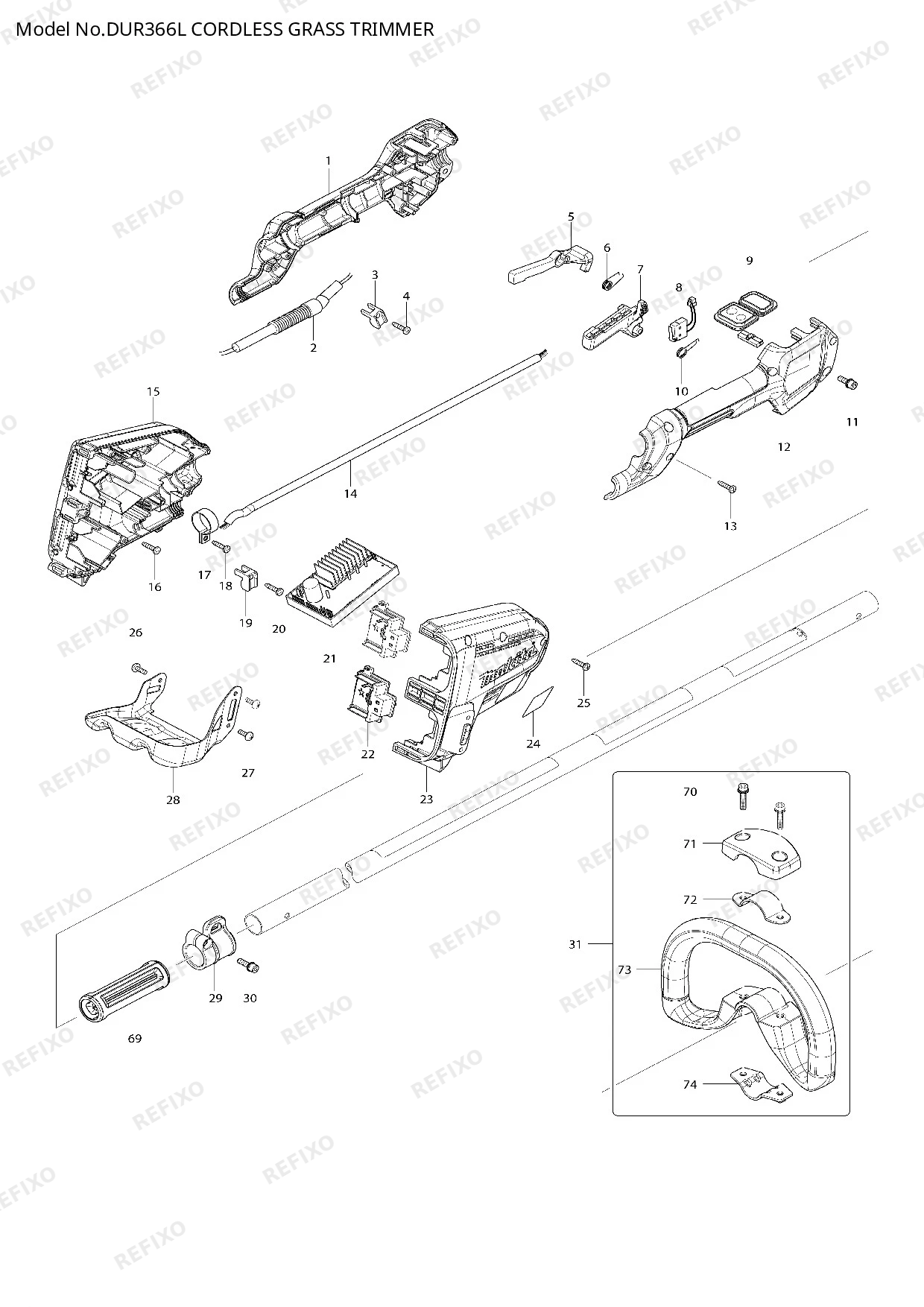 Деталировка MAKITA DUR366L — схема запчастей в разборе
