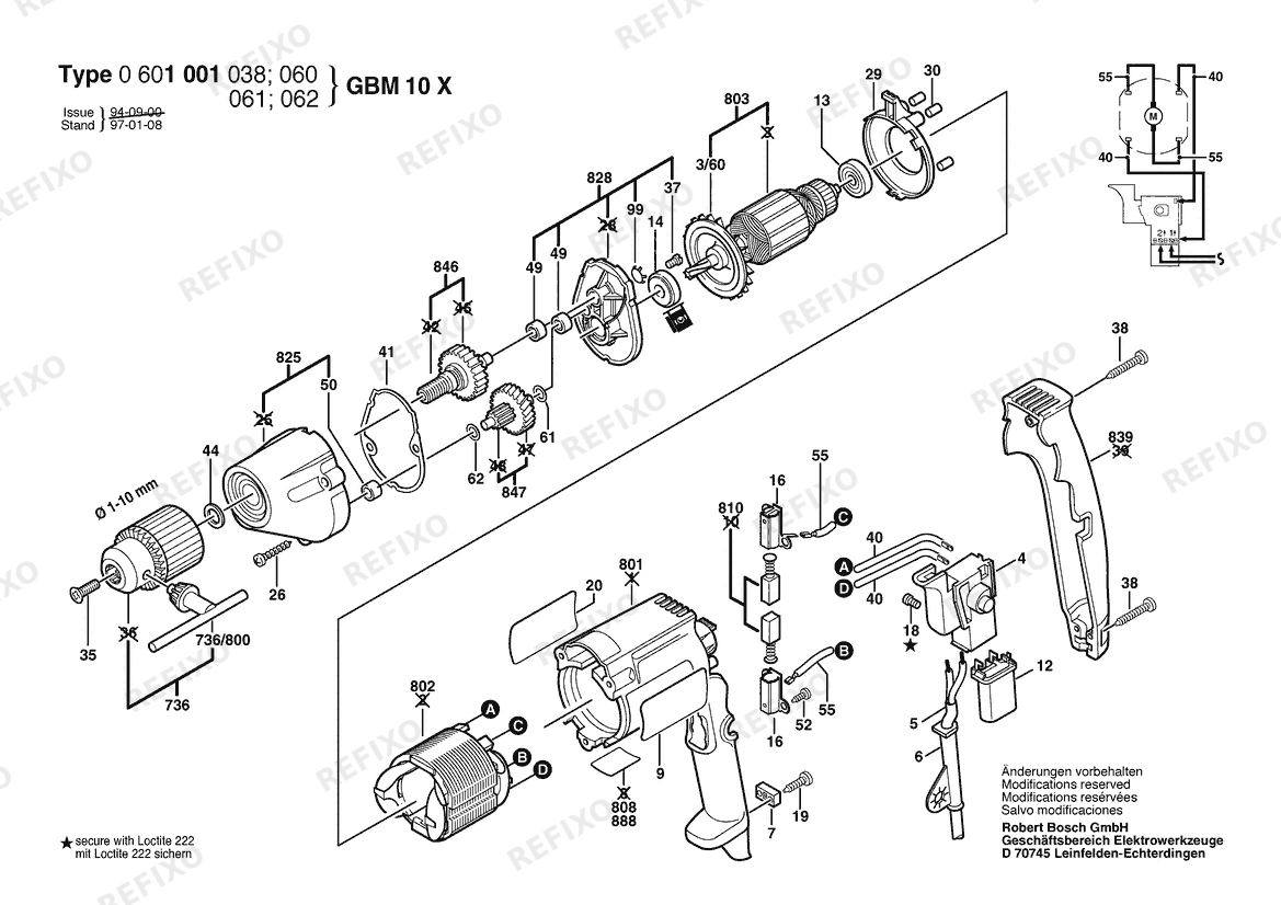 Деталировка Bosch Дрель GBM 10 X | 230 V | 056 - SG (0 601 001 062) — схема запчастей в разборе