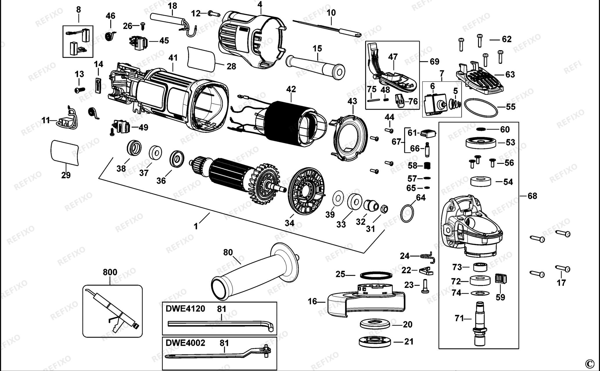 Деталировка DeWalt DWE4120-QS TYPE 1 SMALL ANGLE GRINDER DWE4120-QS DWE4120 — схема запчастей в разборе