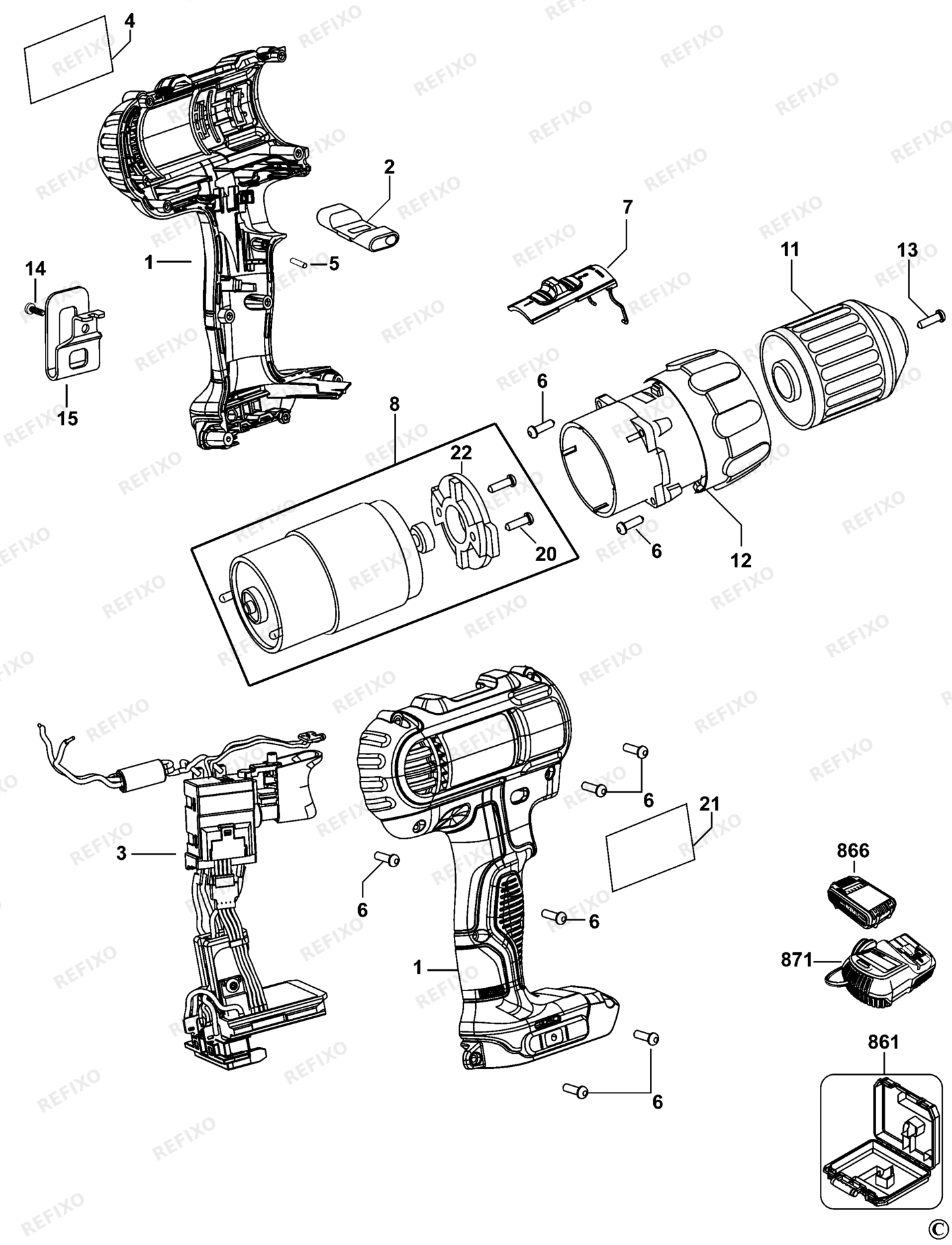 Деталировка DeWalt DCD733-QW TYPE 1 аккумуляторный - дрель DCD733-QW DCD733 — схема запчастей в разборе