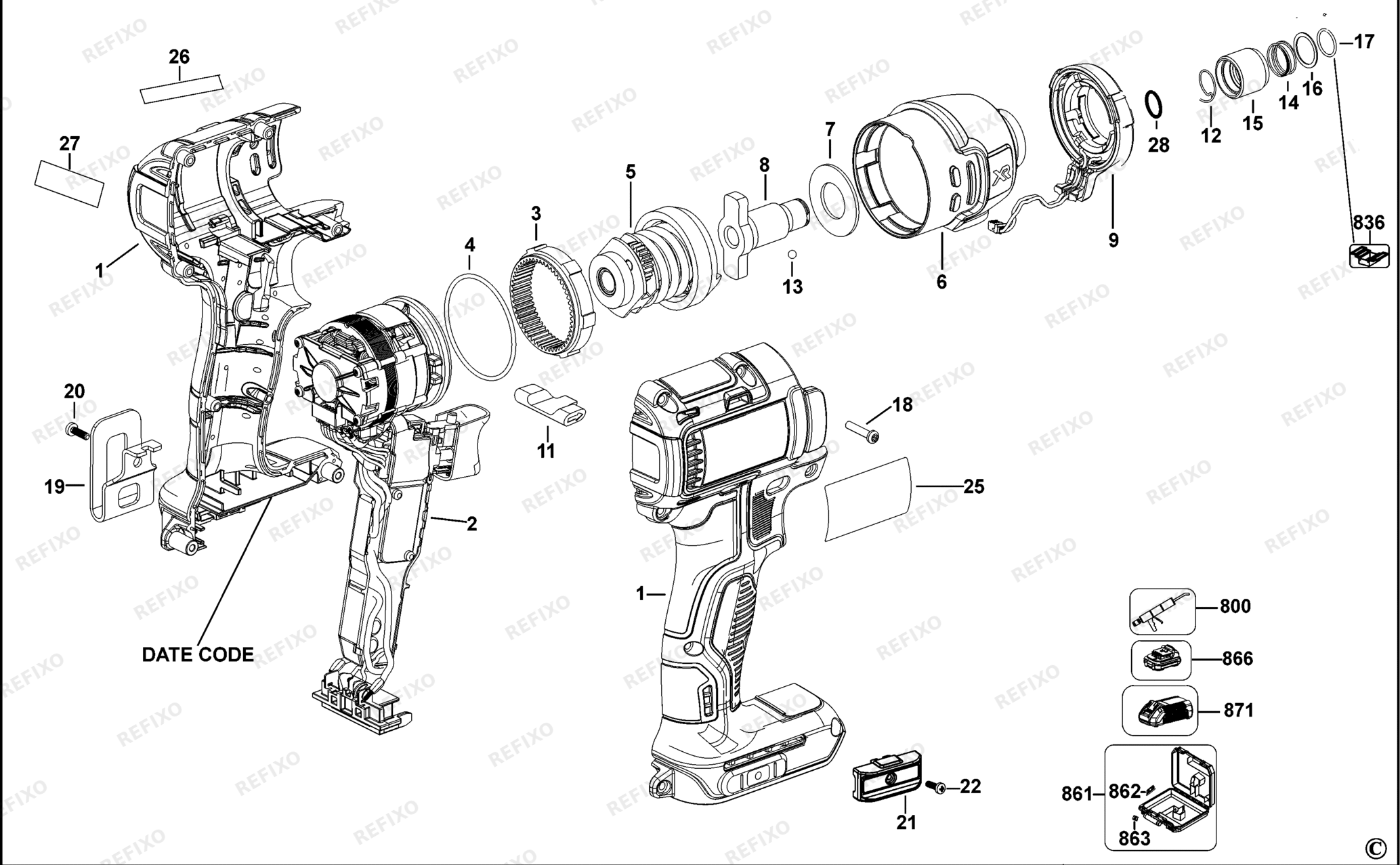 Деталировка DeWalt DCF886-QW TYPE 11 SCHLAGSCHRAUBER DCF886-QW DCF886 — схема запчастей в разборе